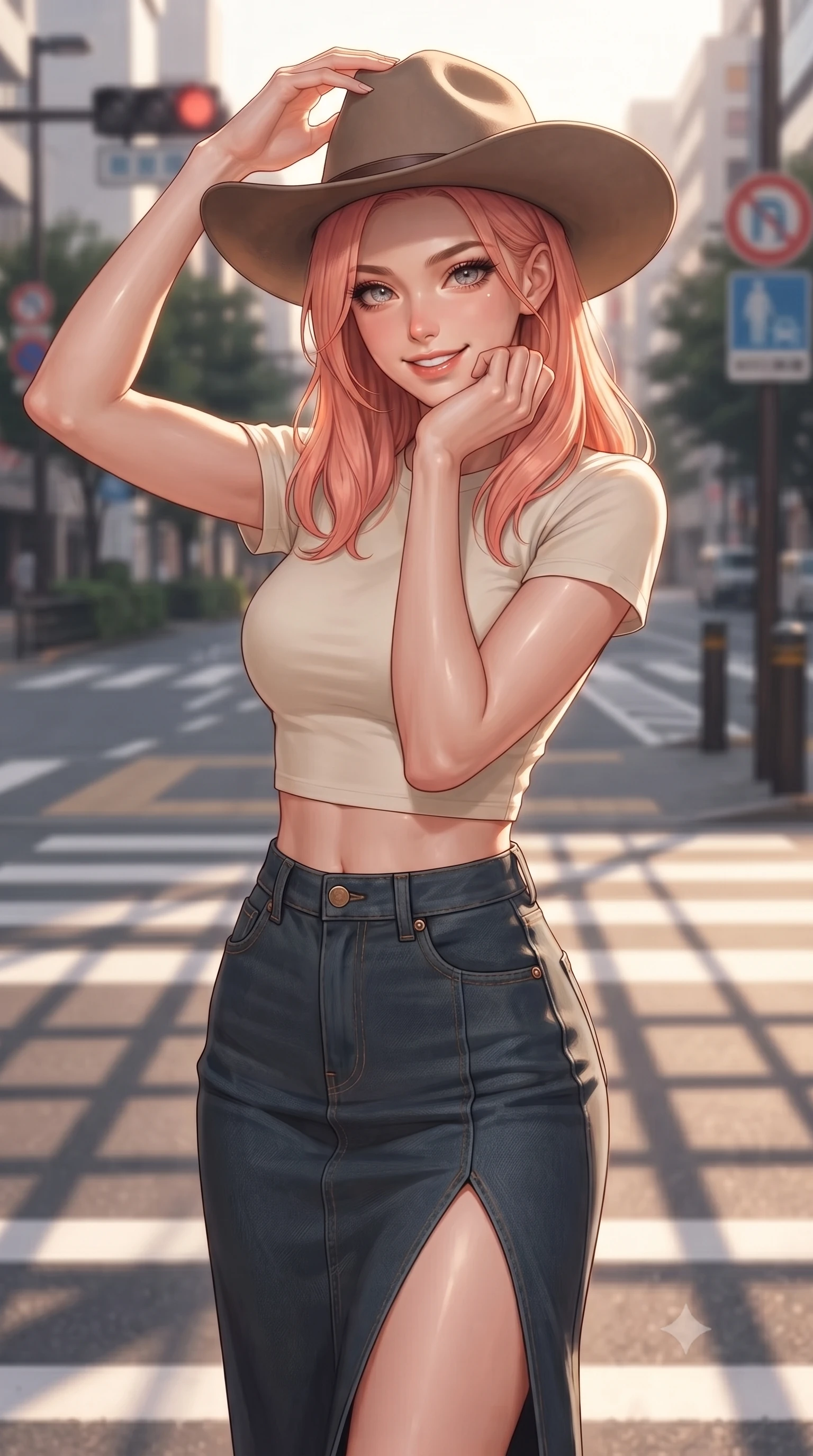 score_9, masterpiece, best quality, ultra-detailed, high-budget anime keyframe, editorial fashion photography, tasteful artistic composition, Japanese woman. close-up cowboy shot from the waist and thighs up, the character dominates the composition, filling the frame with her large presence, background elements kept in soft focus. smiling cutely while resting her chin on her hand, looking directly into the lens set against a soft-focus background of on a modern city street crossing with sleek crosswalk markings and signs adjusting her stylish hat with a bright, confident smile. She has an exceptionally elegant, slender, and willowy female figure with an ultra-slim waist, a gracefully sculpted slender torso, and a refined silhouette. sharp v-shaped jawline, high-bridge nose, intricate jewel-like eyes with depth, thick eyelashes, glossy lips with a natural sheen. wearing tailored modern crop top tee in cream, paired with a high-slit denim midi skirt. warm late afternoon sunrays casting long grid shadows across the boulevard. ultra-reflective glossy finish, specular highlights, metallic sheen, high-contrast stereoscopic depth, volumetric dynamic lighting, 2k, ultra detail, master piece, 9:16 ratio