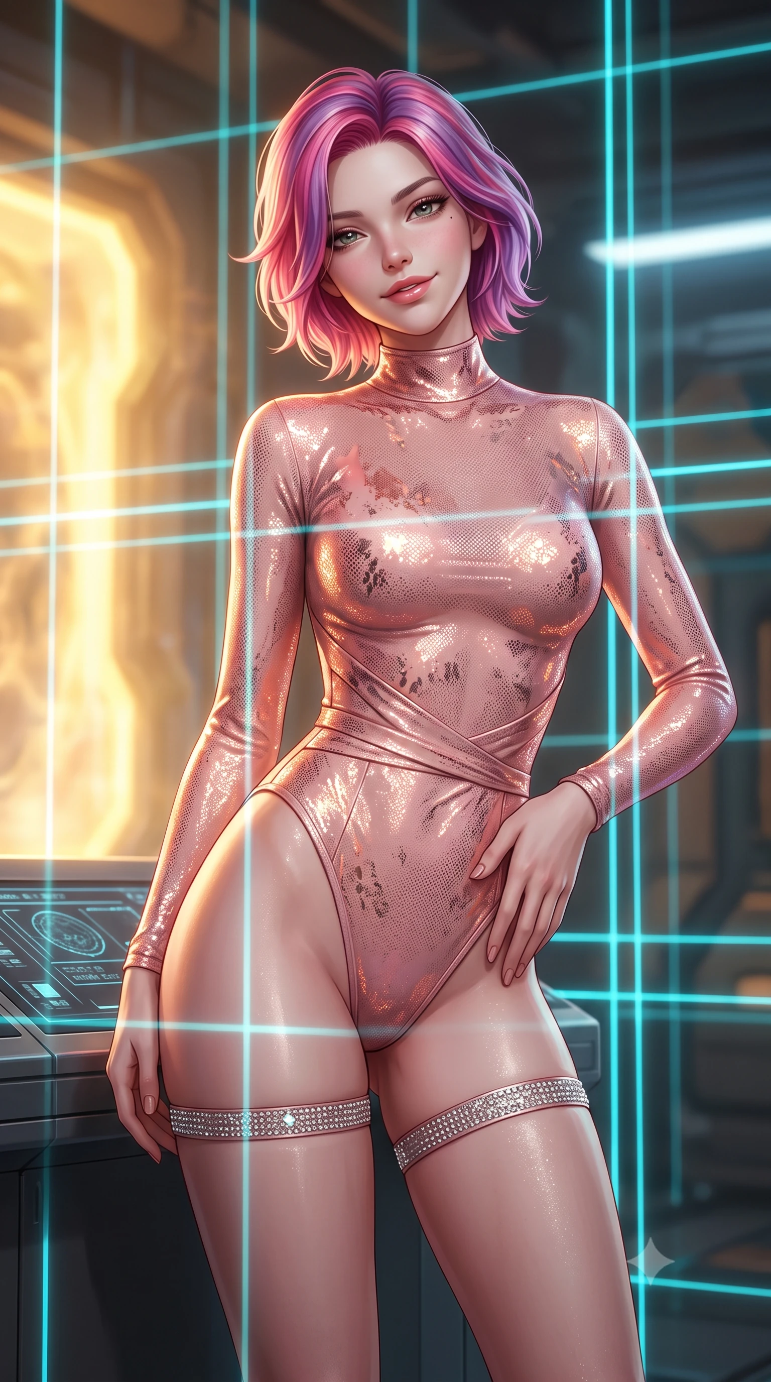 score_9, masterpiece, best quality, ultra-detailed, high-budget anime keyframe, semi-realistic 3D game render, editorial fashion photography, tasteful artistic composition, Caucasian woman. close-up cowboy shot from the waist and thighs up, the character dominates the composition, filling the frame with her large presence. tilting her head with a teasing half-smile, running one hand slowly down the side of her hip in a flirtatious S-curve as ambient light caresses her silhouette while leaning against the magnetic stabilizer console with hips cocked back, looking through the shimmering laser containment grid with intoxicated smoldering bedroom-eyes. The background shows a soft-focus plasma heat haze softened in futuristic quantum fusion facility shallow focus. She has an exceptionally elegant, slender, and willowy female figure with an ultra-slim waist, flat toned midriff, narrow ribcage, and sculpted feminine hips creating an alluring, slim hourglass silhouette without bulk. sharp v-shaped jawline, high-bridge nose, intricate jewel-like sparkling eyes with depth, thick eyelashes, glossy parted lips with a natural peach sheen, bright cheerful beaming smile with an enchanting and coquettish sensual glint, exuding both youthful cute charm and seductive allure, flawlessly proportioned anatomical accuracy, strict slender model proportions, natural body alignment, perfectly sculpted long slender limbs, ultra-slim waistline, clean dynamic posture without body distortion. wearing a provocative sheer-illusion tactical combat bodysuit with strategic metallic foil flocking and high-cut leg openings in Solaris liquid rose-quartz and alien peach, crafted from stretch micro-mesh with liquid foil coating that shimmers with every movement, finished with delicate crystal-encrusted thigh garter straps glinting in the dim light, the high-slit wrap tailoring accentuating her ultra-slim waistline and the enchanting curve of her feminine hips with alluring seductive charm. bathed in the blinding warm golden 3000K plasma radiance mixed with delicate cyan laser grid lines. highly saturated vibrant anime colors, detailed shading with soft gradients, rich glossy textures, high-contrast stereoscopic depth, volumetric dynamic lighting, master piece, 9:16 ratio