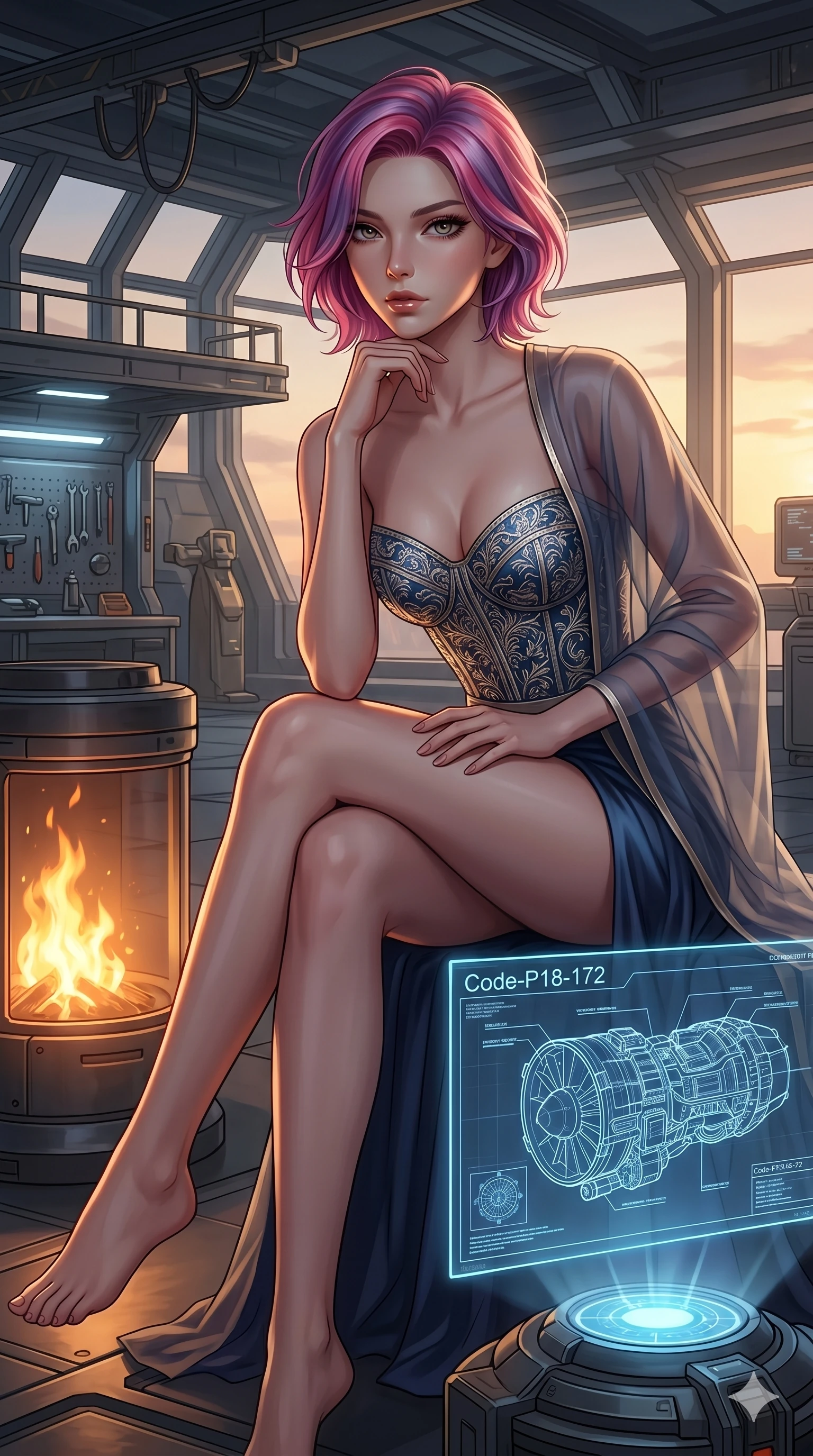 score_9, masterpiece, best quality, ultra-detailed, high-budget anime keyframe, editorial fashion photography, tasteful artistic composition, Caucasian woman, strictly human ears. cowboy shot from the thighs up, character and outfit filling the frame for maximum editorial presence. sitting near the fire, resting her chin on her hand in a high-tech hangar bay with a holographic blueprint of a cybernetic engine (Code-P18-172). She has an absolutely perfect 8-heads proportion, an exceptionally tall and slender female figure with impossibly long slender legs and an ultra-slim waist. V-shaped jawline, high-bridge nose, intricate jewel-like eyes with depth, thick eyelashes, glossy lips with a natural sheen. wearing a fine patterned embroidery structured bodice top paired with a translucent wrap. dramatic chiaroscuro lighting from the setting sun, accentuating her statuesque height. 2k, ultra detail, master piece, 9:16 ratio