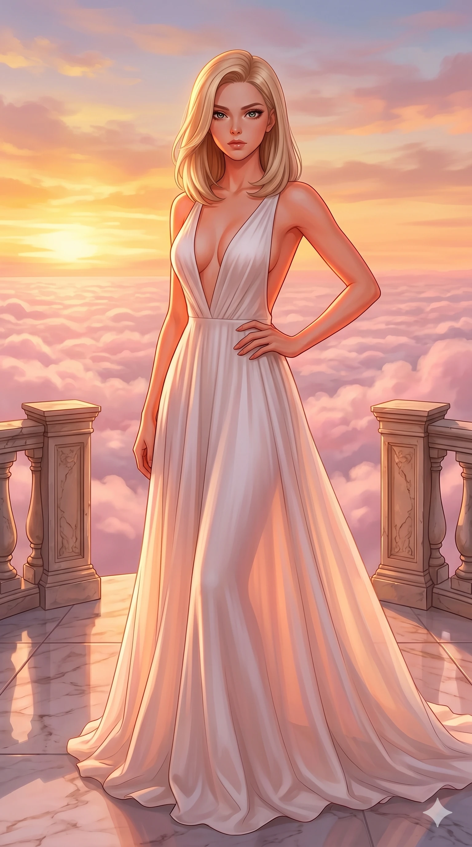 score_9, masterpiece, best quality, ultra-detailed, high-budget anime keyframe, editorial fashion photography, tasteful artistic composition, Korean woman. cowboy shot from the thighs up, character and outfit filling the frame for maximum editorial presence. holding a confident pose, one hand on her hip, looking at the lens with quiet superiority on a floating marble terrace high above a sea of pink clouds (Code-P16-028). She has an absolutely perfect 8-heads proportion, an exceptionally tall and slender female figure with impossibly long slender legs and an ultra-slim waist. V-shaped jawline, high-bridge nose, intricate jewel-like eyes with depth, thick eyelashes, glossy lips with a natural sheen. wearing a flowing white silk gown with a daring plunging V-neckline and a scooped open back. bathed in warm, golden sunset light, casting a beautiful orange-pink glow on her skin. 2k, ultra detail, master piece, 9:16 ratio