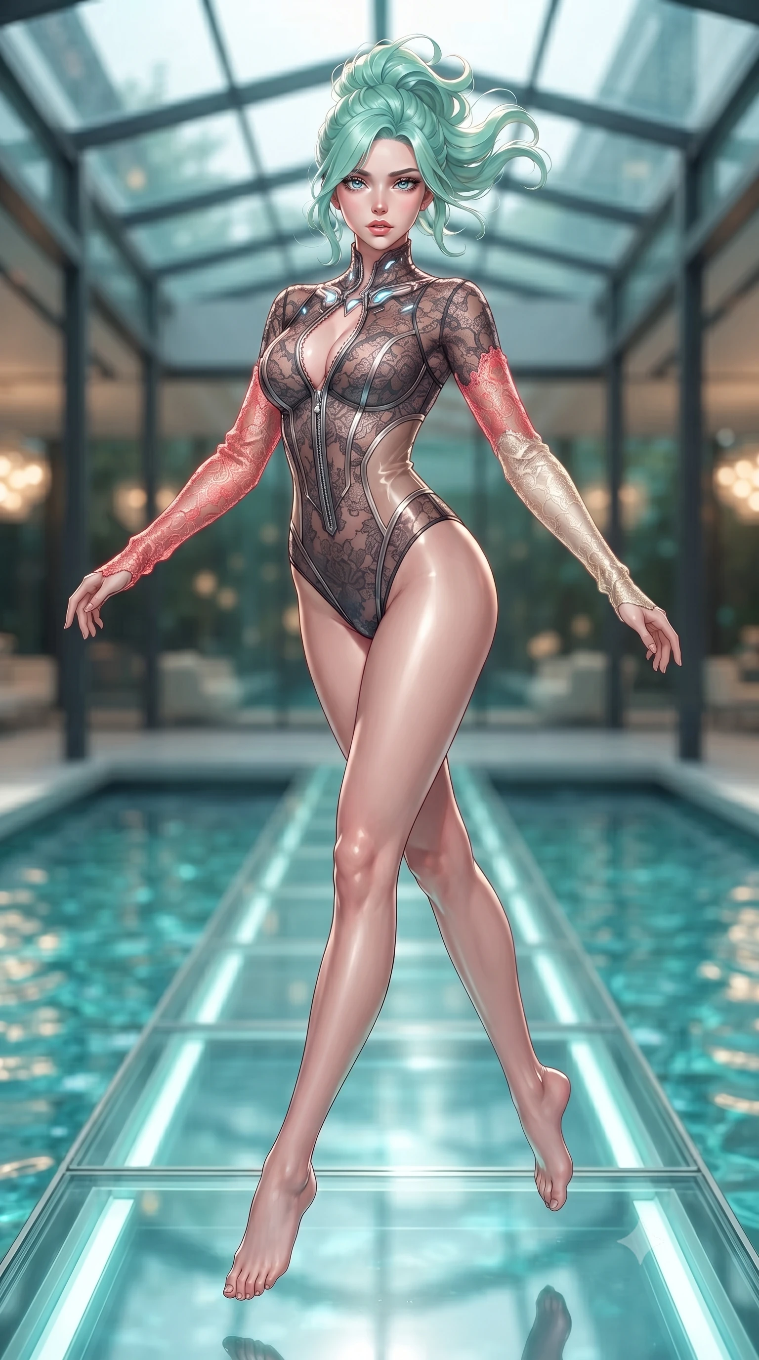 score_9, masterpiece, best quality, ultra-detailed, high-budget anime keyframe, editorial fashion photography, tasteful artistic composition, Japanese woman. low angle full-body shot from head to toe showing her feet, filling the entire 9:16 vertical frame with her statuesque presence, stretching her vertical silhouette. leaping through mid-air with an athletic yet alluring arch of her spine, her impossibly long slender legs stretched in flawless poise while stepping along a glowing glass runway elevated above a shimmering turquoise waterway in a modern pavilion. The composition keeps background elements in soft focus with creamy bokeh. champagne-tinted glass reflections and shimmering water surfaces blurred into glowing golden bokeh. She has an absolutely perfect, statuesque 8.5-heads proportion, an exceptionally tall and slender model-like female figure with impossibly long slender legs, a toned flat midriff, and an ultra-slim waist. sharp v-shaped jawline, high-bridge nose, intricate jewel-like eyes with depth, thick eyelashes, glossy lips with a natural sheen, flawlessly proportioned anatomical accuracy, strict slender model proportions, natural body alignment, perfectly sculpted long slender limbs, ultra-slim waistline, clean dynamic posture without body distortion. wearing a sheer dark lace pattern bodysuit with structured corsetry boning, sheer contouring side panels, and detached lace sleeves in radiant coral pink and champagne ivory, made of liquid metal jersey that clings flawlessly to every contour of her build, featuring a dangerously unzipped neckline framed by glowing cybernetic accents, the precision-cut daring openings accentuating her delicate midriff, graceful bare collarbones, and ultra-slim feminine waistline. illuminated by clear directional key light with brilliant specular highlights on glass and water. ultra-reflective glossy finish, specular highlights, metallic sheen, high-contrast stereoscopic depth, volumetric dynamic lighting, 2k, ultra detail, master piece, 9:16 ratio