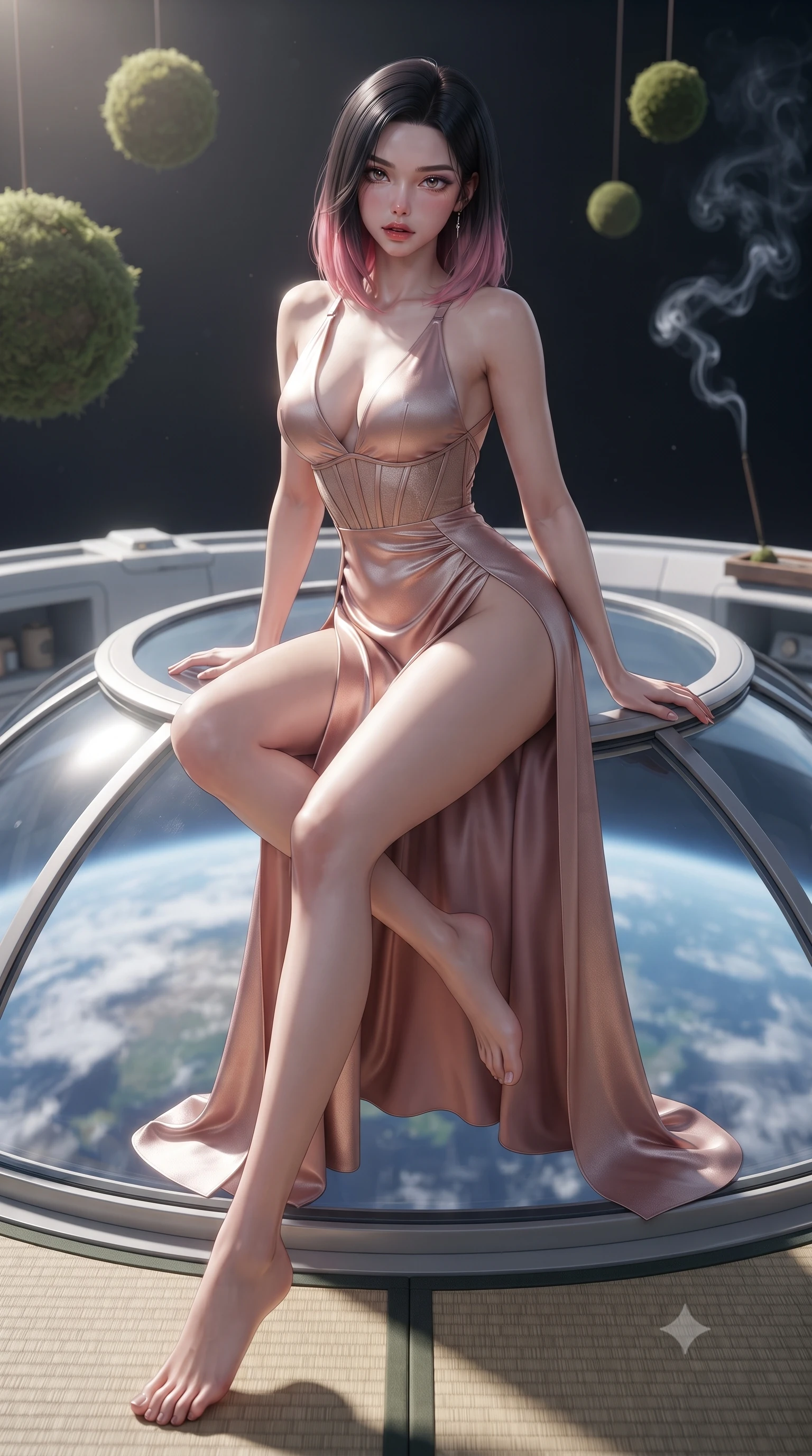 score_9, masterpiece, best quality, ultra-detailed, high-budget anime keyframe, editorial fashion photography, tasteful artistic composition, Korean woman. low angle full-body shot from head to toe showing her feet, filling the entire 9:16 vertical frame with her statuesque presence, stretching her vertical silhouette. sitting perched on the elevated edge with hips angled toward the camera and legs crossed, displaying her toned midriff and flawlessly sculpted slender limbs while kneeling gracefully on a tatami mat at the edge of a weightless raked gravel zen garden, arching her spine as planet Earth rotates below the glass dome. The composition keeps background elements in soft focus with creamy bokeh. floating moss spheres and aromatic incense smoke curls softened in meditative shallow focus. She has an exceptionally tall and slender model-like 8.5-heads proportion, an ultra-slim waist, a flat toned midriff, narrow delicate ribcage, and beautifully sculpted feminine hips creating a graceful, slim hourglass silhouette without any bulky heaviness, with impossibly long slender legs. sharp v-shaped jawline, high-bridge nose, intricate jewel-like eyes with depth, thick eyelashes, glossy parted lips with a natural sheen, intensely captivating and seductive bedroom-eyes expression, flawlessly proportioned anatomical accuracy, strict slender model proportions, natural body alignment, perfectly sculpted long slender limbs, ultra-slim waistline, clean dynamic posture without body distortion. wearing a plunging-V neckline duchess satin gown with high side slits ascending to the high hip in dusky blush rose and champagne shimmer, made of fluid silk crepe with delicate inner corsetry boning, finished with criss-cross back satin straps highlighting her graceful shoulder blades, the glove-like aerodynamic silhouette tightly following the natural contour of her hips and long slender legs with statuesque 8.5-heads elegance. illuminated by gentle directional sunlight sculpting her sculpted collarbones, ultra-slim waist, and curvy hips. ultra-reflective glossy finish, specular highlights, rich textural contrasts, high-contrast stereoscopic depth, volumetric dynamic lighting, 2k, ultra detail, master piece, 9:16 ratio