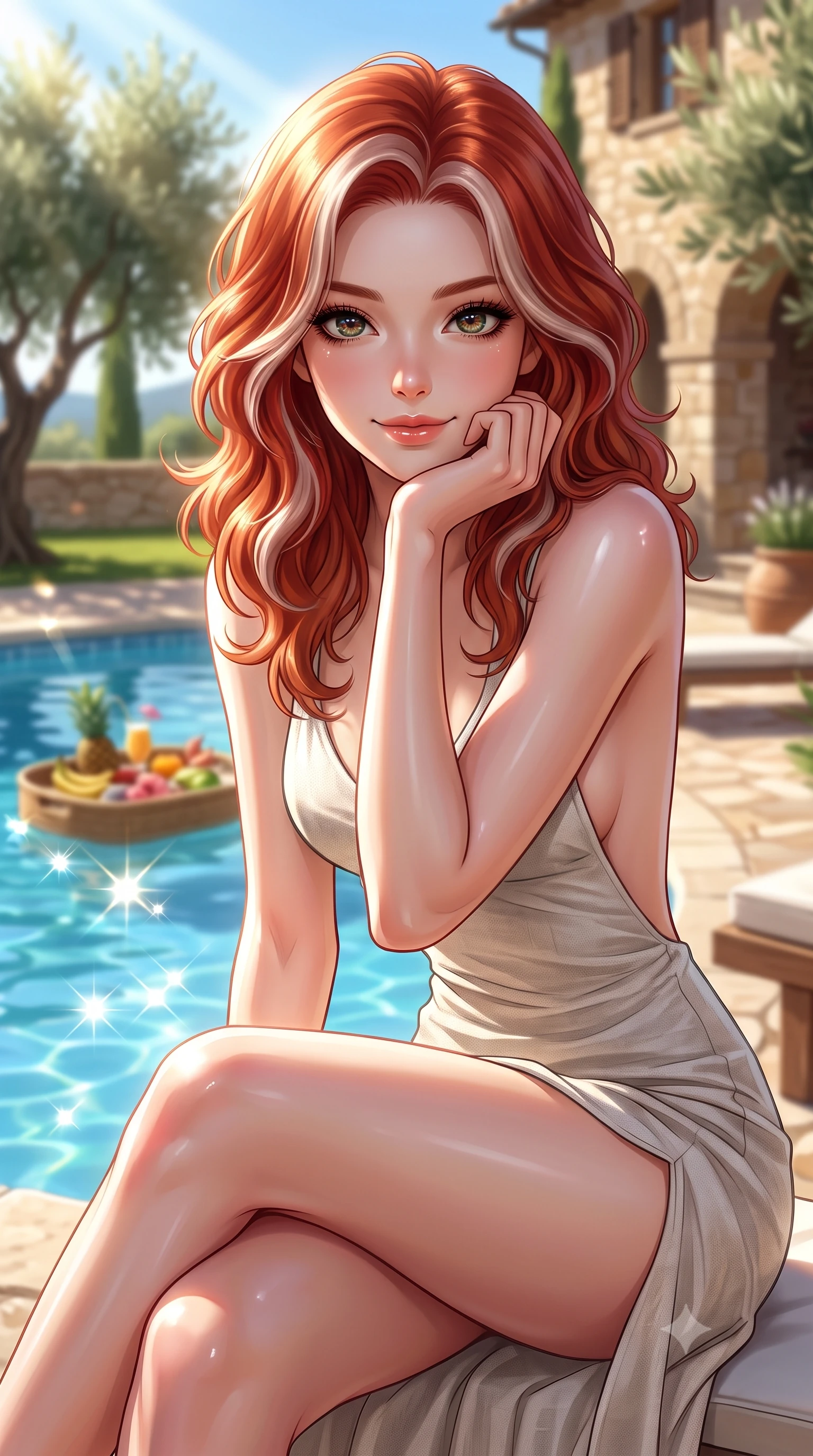 score_9, masterpiece, best quality, ultra-detailed, high-budget anime keyframe, editorial fashion photography, tasteful artistic composition, Caucasian woman. close-up cowboy shot from the waist and thighs up, the character dominates the composition, filling the frame with her large presence, background elements kept in soft focus. smiling cutely while resting her chin on her hand, looking directly into the lens set against a soft-focus background of on a sunny garden patio of a Tuscan-style villa with olive trees with a small pool tray floating on the water with tropical snacks. She has an exceptionally elegant, slender, and willowy female figure with an ultra-slim waist, a gracefully sculpted slender torso, and a refined silhouette. sharp v-shaped jawline, high-bridge nose, intricate jewel-like eyes with depth, thick eyelashes, glossy lips with a natural sheen. wearing form-contouring linen sundress with a daring high slit and a low-cut back design. fresh morning sun rays creating sparkling glints on the blue pool water. ultra-reflective glossy finish, specular highlights, metallic sheen, high-contrast stereoscopic depth, volumetric dynamic lighting, 2k, ultra detail, master piece, 9:16 ratio