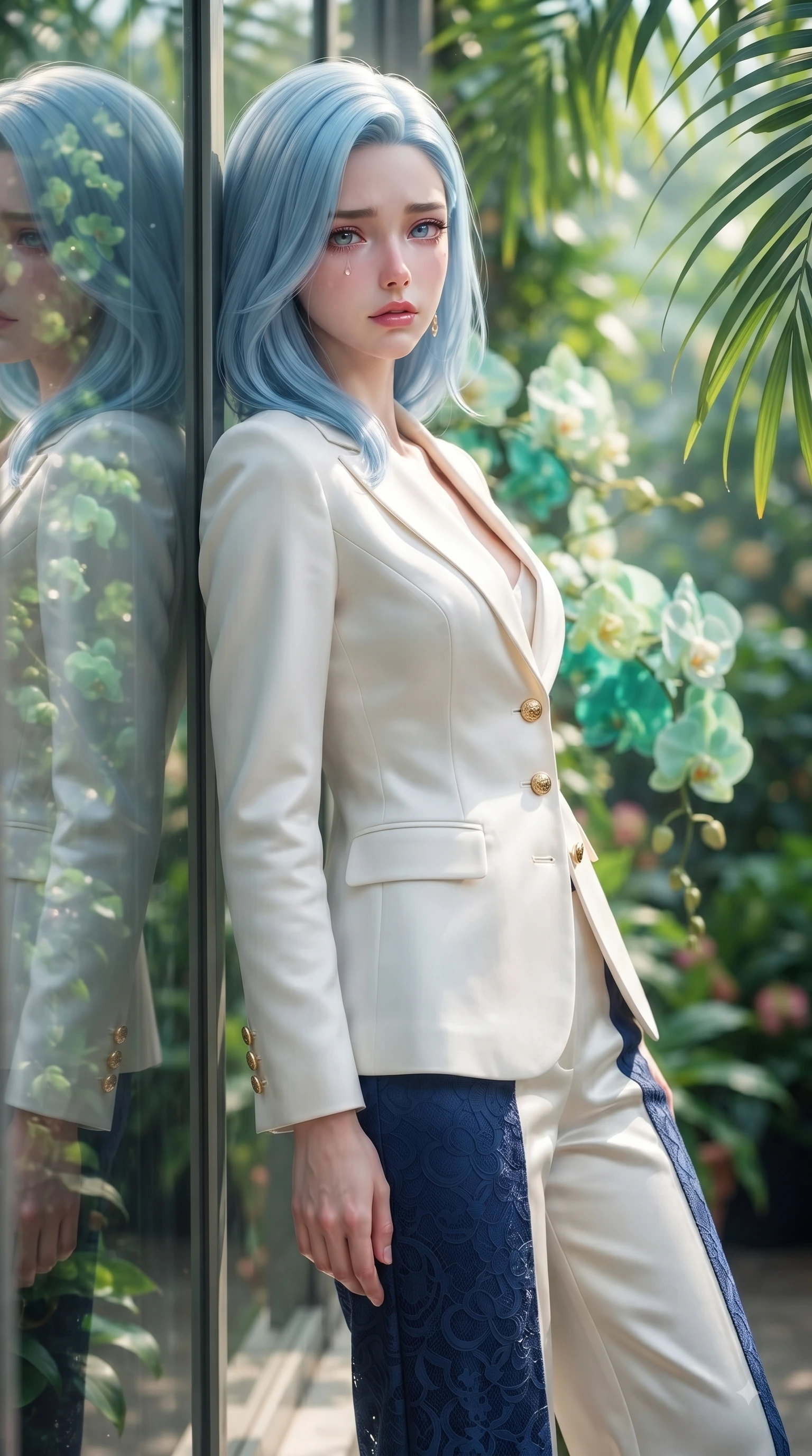 score_9, masterpiece, best quality, ultra-detailed, high-budget anime keyframe, editorial fashion photography, tasteful artistic composition, Korean woman. close-up cowboy shot from the waist and thighs up, the character dominates the composition, filling the frame with her large presence. Heart-tugging melancholic glance with a subtle drop of emotion in her eyes and a quiet wistful posture while leaning against a sunlit glass wall surrounded by exotic orchids and cascading vines. The composition keeps background elements in soft focus with dreamy bokeh. exotic orchids and tropical palm leaves blurred into a dreamy emerald and jade background bokeh. She has an exceptionally elegant, slender, and willowy female figure with an ultra-slim waist, a gracefully sculpted slender torso, and a refined silhouette. sharp v-shaped jawline, high-bridge nose, intricate jewel-like eyes with depth, thick eyelashes, glossy lips with a natural sheen, flawlessly proportioned anatomical accuracy, natural body alignment, perfectly sculpted elegant limbs, clean dynamic posture without body distortion. wearing a crisp monochrome white tailored suit jacket paired with wide-leg trousers in royal navy blue and pure ivory, made of fine lace weave and soft satin jersey, finished with gold metallic hardware buttons along the front, the sleek second-skin fit accentuating her magnetic presence. surrounded by a lush, vibrant, and enchanting garden editorial ambiance. ultra-reflective glossy finish, specular highlights, metallic sheen, high-contrast stereoscopic depth, volumetric dynamic lighting, 2k, ultra detail, master piece, 9:16 ratio