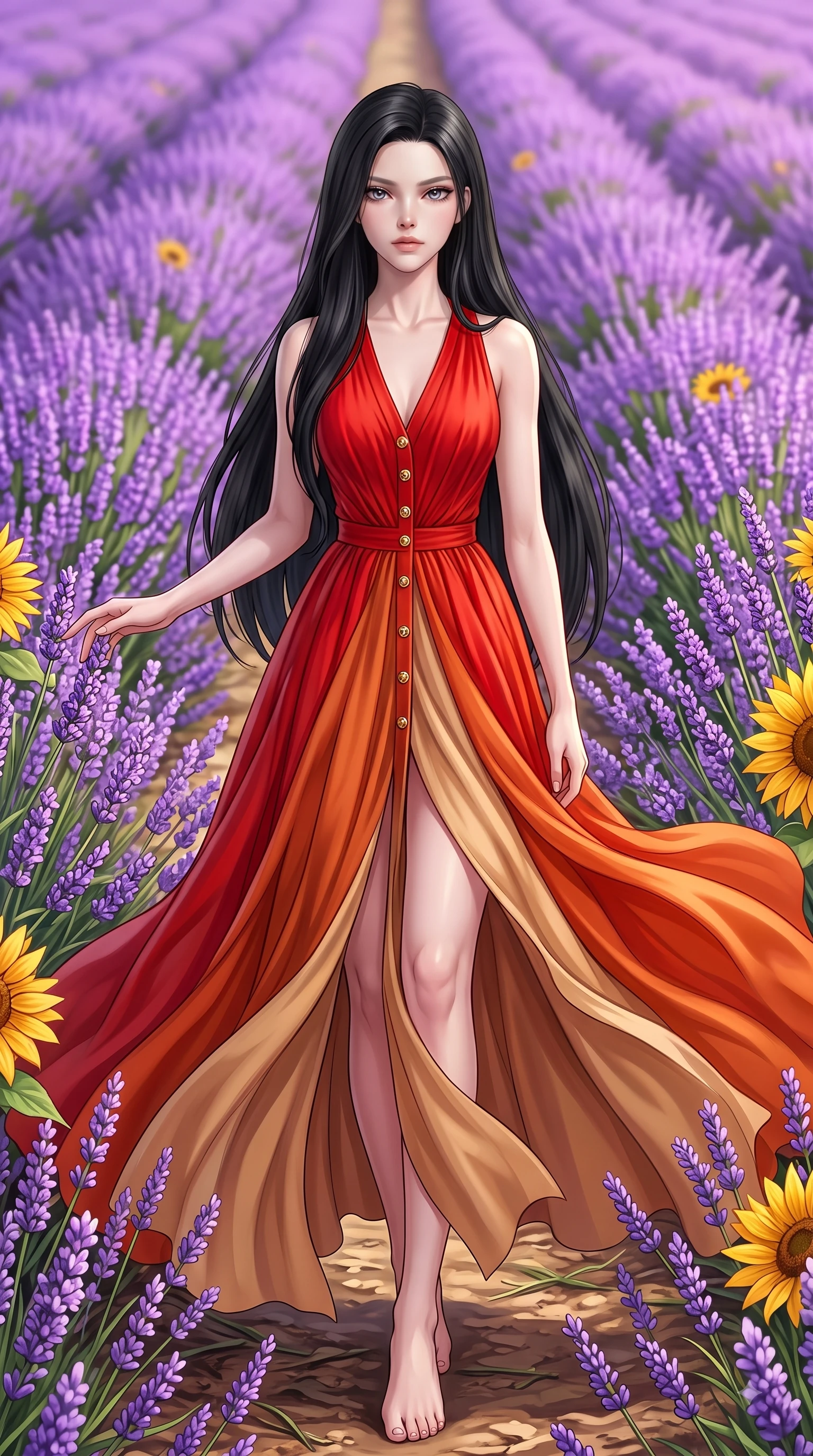 score_9, masterpiece, best quality, ultra-detailed, high-budget anime keyframe, editorial fashion photography, tasteful artistic composition, Korean woman. low angle full-body shot from head to toe showing her feet, filling the entire 9:16 vertical frame with her statuesque presence, stretching her vertical silhouette. Wistful sorrowful gaze looking distant with a delicate melancholy and emotional depth in her eyes while reaching out softly to touch flowering lavender stalks while looking into the camera lens. The surrounding environment is rendered in vivid detail and crisp panoramic clarity. detailed lavender blossom spikes, golden sunflower petals, and rustic pathway dirt in crisp resolution. She has an absolutely perfect, statuesque 8.5-heads proportion, an exceptionally tall and slender model-like female figure with impossibly long slender legs and an ultra-slim waist. sharp v-shaped jawline, high-bridge nose, intricate jewel-like eyes with depth, thick eyelashes, glossy lips with a natural sheen, flawlessly proportioned anatomical accuracy, natural body alignment, perfectly sculpted elegant limbs, clean dynamic posture without body distortion. wearing a vibrant scarlet red chiffon maxi dress with a dramatic flowing skirt in burnt orange and warm camel beige, crafted from smooth liquid silk satin, finished with gold metallic hardware buttons along the front, the fluid drape swaying gracefully with her dynamic editorial movement. surrounded by a romantic, dreamy, and painterly nature editorial atmosphere. highly saturated vibrant anime colors, detailed shading with soft gradients, rich glossy textures, high-contrast stereoscopic depth, volumetric dynamic lighting, master piece, 9:16 ratio