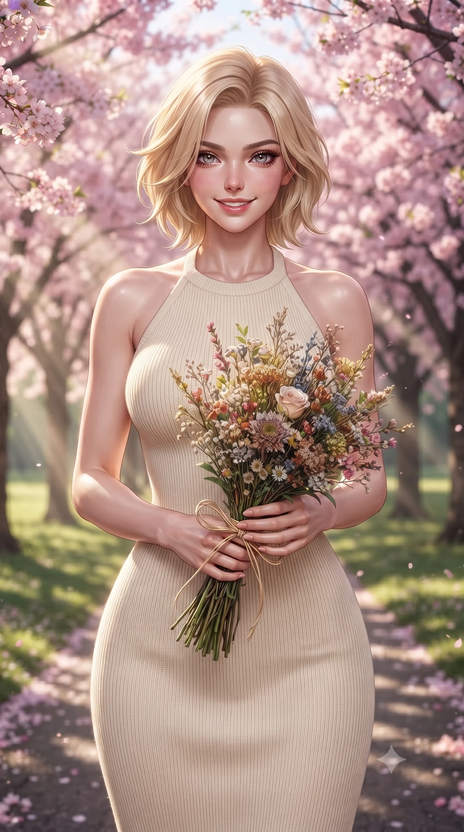 score_9, masterpiece, best quality, ultra-detailed, high-budget anime keyframe, editorial fashion photography, tasteful artistic composition, Caucasian woman. close-up cowboy shot from the waist and thighs up, the character dominates the composition, filling the frame with her large presence, background elements kept in soft focus. smiling with cute and bright self-assurance, looking directly at the viewer set against a soft-focus background of walking down a park path lined with blooming pink cherry blossom trees holding a beautiful wildflower bouquet tied with a simple twine ribbon. She has an exceptionally elegant, slender, and willowy female figure with an ultra-slim waist, a gracefully sculpted slender torso, and a refined silhouette. sharp v-shaped jawline, high-bridge nose, intricate jewel-like eyes with depth, thick eyelashes, glossy lips with a natural sheen. wearing tailored sleek, tight-fitting knit halter dress in cream, tracing her slender silhouette. volumetric sunbeams slicing through tree edges onto the grassy meadow. ultra-reflective glossy finish, specular highlights, metallic sheen, high-contrast stereoscopic depth, volumetric dynamic lighting, 2k, ultra detail, master piece, 9:16 ratio
