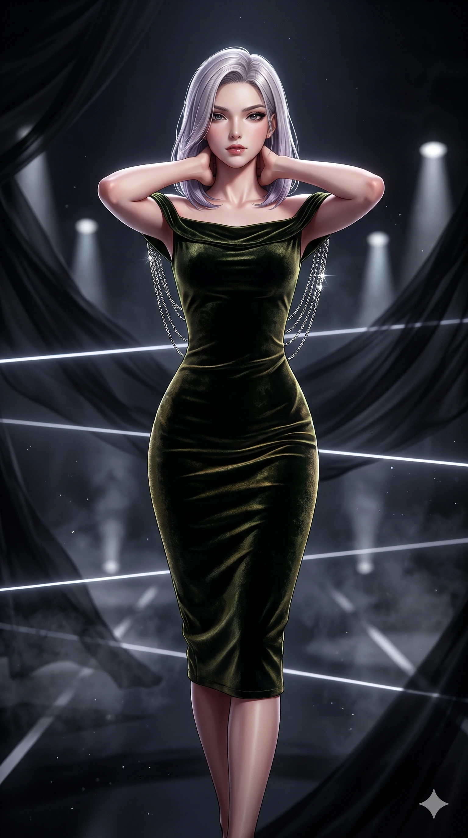 score_9, masterpiece, best quality, ultra-detailed, high-budget anime keyframe, semi-realistic 3D game render, editorial fashion photography, tasteful artistic composition, Caucasian woman. close-up cowboy shot from the waist and thighs up, the character dominates the composition, filling the frame with her large presence. resting both hands lightly behind her neck with elbows raised, arching her spine to highlight her narrow waist and flat midriff while walking dynamically through the labyrinth of black gossamer drapes, her long slender legs and curvaceous hips creating a sweeping vertical line. The background shows a soft-focus undulating black silk fabric waves suspended in mid-air, distant architectural spotlight cones, and white floor lines blurred into smoky charcoal and obsidian bokeh. She has an exceptionally elegant, slender, and willowy female figure with an ultra-slim waist, flat toned midriff, narrow ribcage, and sculpted feminine hips creating an alluring, slim hourglass silhouette without bulk. sharp v-shaped jawline, high-bridge nose, intricate jewel-like dark sparkling eyes with hypnotic seductive depth, thick curled eyelashes, glossy parted lips with a natural wine sheen, alluring bedroom-eyes with an enigmatic smoldering smile, exuding magnetic sovereign charisma and dark avant-garde glamour, flawlessly proportioned anatomical accuracy, strict slender model proportions, natural body alignment, perfectly sculpted long slender limbs, ultra-slim waistline, clean dynamic posture without body distortion. wearing a form-contouring off-shoulder dark velvet bodycon midi dress with low-back scoop in deep velvet forest green and antique brass, tailored from crushed dark velvet with deep light-absorbing plush texture, accented with an open-back drape framed by falling strands of delicate chrome chains, the form-fitting cut adhering flawlessly to her sculpted flat midriff and slender torso, emphasizing her long leg lines and perfectly proportioned willowy build. bathed in razor-thin horizontal white laser sheets slicing through billowing black silk. highly saturated vibrant anime colors, detailed shading with soft gradients, rich glossy textures, high-contrast stereoscopic depth, volumetric dynamic lighting, master piece, 9:16 ratio