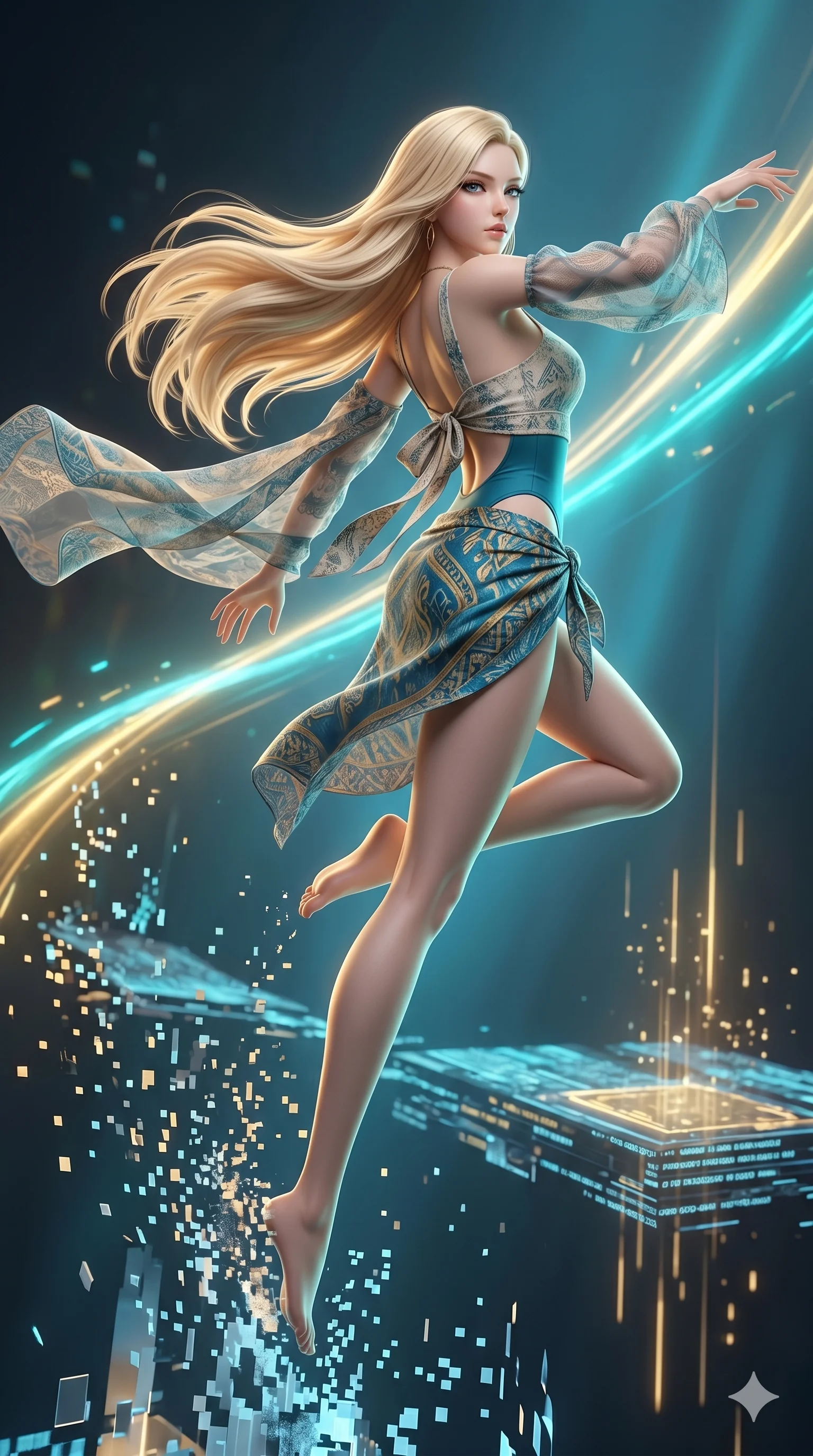 score_9, masterpiece, best quality, ultra-detailed, semi-realistic 3D game render, high-fidelity textures, Unreal Engine 5 style, Korean woman. Mid-air action shot capturing a graceful twist and vertical silhouette. escaping a collapsing digital dimension as the pixels dissolve. She has an absolutely perfect 8-heads proportion, an exceptionally tall and slender female figure with an ultra-slim waist and impossibly long slender legs. strictly human anatomy, two legs only, no extra limbs, clearly defined legs and arms, perfect anatomy, perfect hands and fingers. sharp v-shaped jawline, high-bridge nose, intricate jewel-like eyes, thick eyelashes, glossy lips. Wearing Seasonal/Resort: High-cut one-piece with sarong, linen sundress with tie-back, and sheer fabric wrap. The scene is illuminated by dramatic atmospheric lighting and vibrant color palettes. , 2k, ultra detail, master piece, 9:16 ratio
