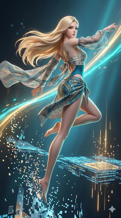 score_9, masterpiece, best quality, ultra-detailed, semi-realistic 3D game render, high-fidelity textures, Unreal Engine 5 style, Korean woman. Mid-air action shot capturing a graceful twist and vertical silhouette. escaping a collapsing digital dime