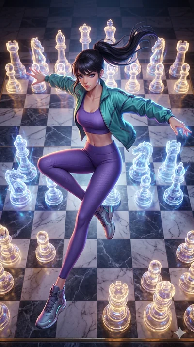 score_9, masterpiece, best quality, ultra-detailed, semi-realistic 3D game render, high-fidelity textures, Unreal Engine 5 style, Korean woman. Extreme high angle shot as she leaps towards the camera, filling the frame. summoning a phantom army of ch