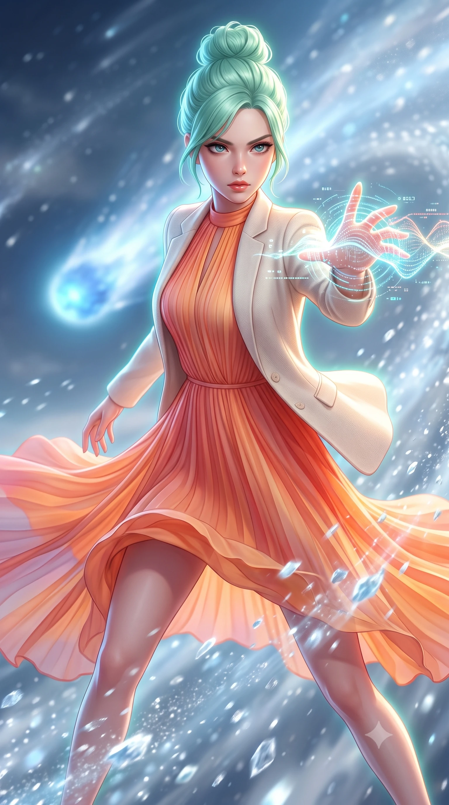 score_9, masterpiece, best quality, ultra-detailed, high-budget anime keyframe, editorial fashion photography, tasteful artistic composition, Japanese woman. close-up cowboy shot from the waist and thighs up, the character dominates the composition, filling the frame with her large presence, background elements kept in soft focus. Casting a digital tracking wave with an outstretched hand, her gaze locked on the escaping target. set against a soft-focus background of riding the tail of a comet, ice and dust particles streaming past in a silver blur, the blue nucleus glowing ahead. She has an exceptionally elegant and slender, willowy female figure with an ultra-slim waist, a gracefully sculpted slender torso, and a refined slim physique. sharp v-shaped jawline, high-bridge nose, intricate jewel-like eyes with depth, thick eyelashes, glossy lips with a natural sheen. wearing the lightweight fabric rippling and billowing dramatically with her movement, a slim-fit flowing pleated chiffon midi dress in a sunset apricot gradient, layered under a light ivory knit blazer. highly saturated vibrant anime colors, intense vivid color palette, soft 3D volumetric shading, volumetric dynamic lighting, brilliant cinematic volumetric lighting with intense neon rim light outlining her form. 2k, ultra detail, master piece, 9:16 ratio