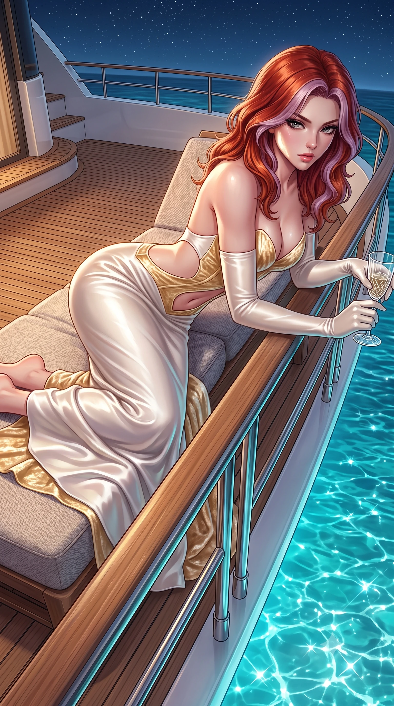score_9, masterpiece, best quality, ultra-detailed, high-budget anime keyframe, semi-realistic 3D game render, editorial fashion photography, tasteful artistic composition, Caucasian woman. low angle full-body shot from head to toe showing her feet, filling the entire 9:16 vertical frame with her statuesque presence, stretching her vertical silhouette. reclining on her side in an elegant Cleopatra pose with one knee drawn up, the dramatic contour of her rounded hips and long slender legs commanding the 9:16 vertical frame while leaning over the teak deck railing with hips cocked back, looking down into the sparkling turquoise water with enchanted bedroom-eyes. The surrounding environment is rendered in vivid detail and crisp panoramic clarity. detailed swimwear fabric sheen, water droplet beads on skin, and starlit sky clarity in high resolution. She has an exceptionally tall and slender model-like 8.5-heads proportion, an ultra-slim waist, a flat toned midriff, narrow delicate ribcage, and beautifully sculpted feminine hips creating a graceful, slim hourglass silhouette without any bulky heaviness, with impossibly long slender legs. sharp v-shaped jawline, high-bridge nose, intricate jewel-like eyes with depth, thick eyelashes, glossy parted lips with a natural sheen, intensely captivating and seductive bedroom-eyes expression, flawlessly proportioned anatomical accuracy, strict slender model proportions, natural body alignment, perfectly sculpted long slender limbs, ultra-slim waistline, clean dynamic posture without body distortion. wearing a deep sweetheart neckline crushed velvet corseted ballgown with an exposed midriff cutout in pure alabaster white and sun-kissed gold, tailored from ultra-smooth duchess satin with a pearlescent sheen, accessorized with opera-length satin gloves and a vintage crystal glass, the precision-cut side openings and low-back scoop framing her graceful spine and the sensual sweep of her slim, toned hips. illuminated by sparkling aquatic highlights carving her razor-sharp jawline, narrow waist, and curvy hips. highly saturated vibrant anime colors, detailed shading with soft gradients, rich glossy textures, high-contrast stereoscopic depth, volumetric dynamic lighting, master piece, 9:16 ratio