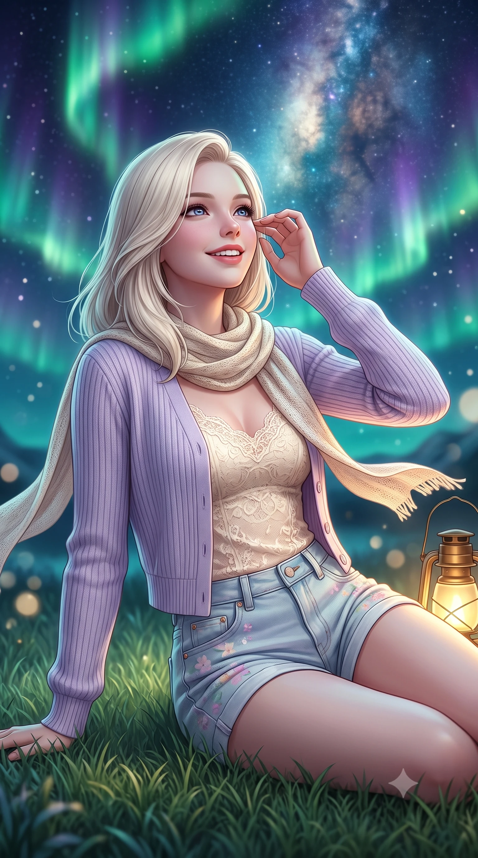 score_9, masterpiece, best quality, ultra-detailed, high-budget anime keyframe, semi-realistic 3D game render, editorial fashion photography, tasteful artistic composition, Caucasian woman. close-up cowboy shot from the waist and thighs up, the character dominates the composition, filling the frame with her large presence. tilting her head with a cute, youthful grin while brushing a stray strand of hair behind her ear with slender fingers while lying on the soft grass looking up at dancing emerald aurora borealis waves with a dreamy, affectionate smile. The composition keeps background elements in soft focus with creamy bokeh. dazzling Milky Way star clusters and dancing emerald aurora ribbons blurred into deep indigo, teal, and celestial bokeh. She has an exceptionally elegant, slender, and willowy female figure with an ultra-slim waist, a gracefully sculpted slender torso, toned flat midriff, and a refined slim silhouette. sharp v-shaped jawline, high-bridge nose, intricate jewel-like eyes with depth, thick eyelashes, glossy lips with a natural sheen, pure and lovely fresh girlhood expression, flawlessly proportioned anatomical accuracy, strict slender model proportions, natural body alignment, perfectly sculpted long slender limbs, ultra-slim waistline, clean dynamic posture without body distortion. wearing a soft pastel ribbed knit cardigan worn over a delicate cream lace camisole and light-wash denim shorts in fresh alpine white with subtle pastel floral accents, crafted from soft breathable linen that flutters gently in the breeze, finished with a lightweight knitted scarf draped loosely around her neck, the breezy lightweight fabric fluttering softly against her delicate collarbones, narrow waist, and feminine curves. bathed in dancing emerald and violet aurora glow combined with warm golden brass lantern uplights. highly saturated vibrant anime colors, detailed shading with soft gradients, rich glossy textures, high-contrast stereoscopic depth, volumetric dynamic lighting, master piece, 9:16 ratio
