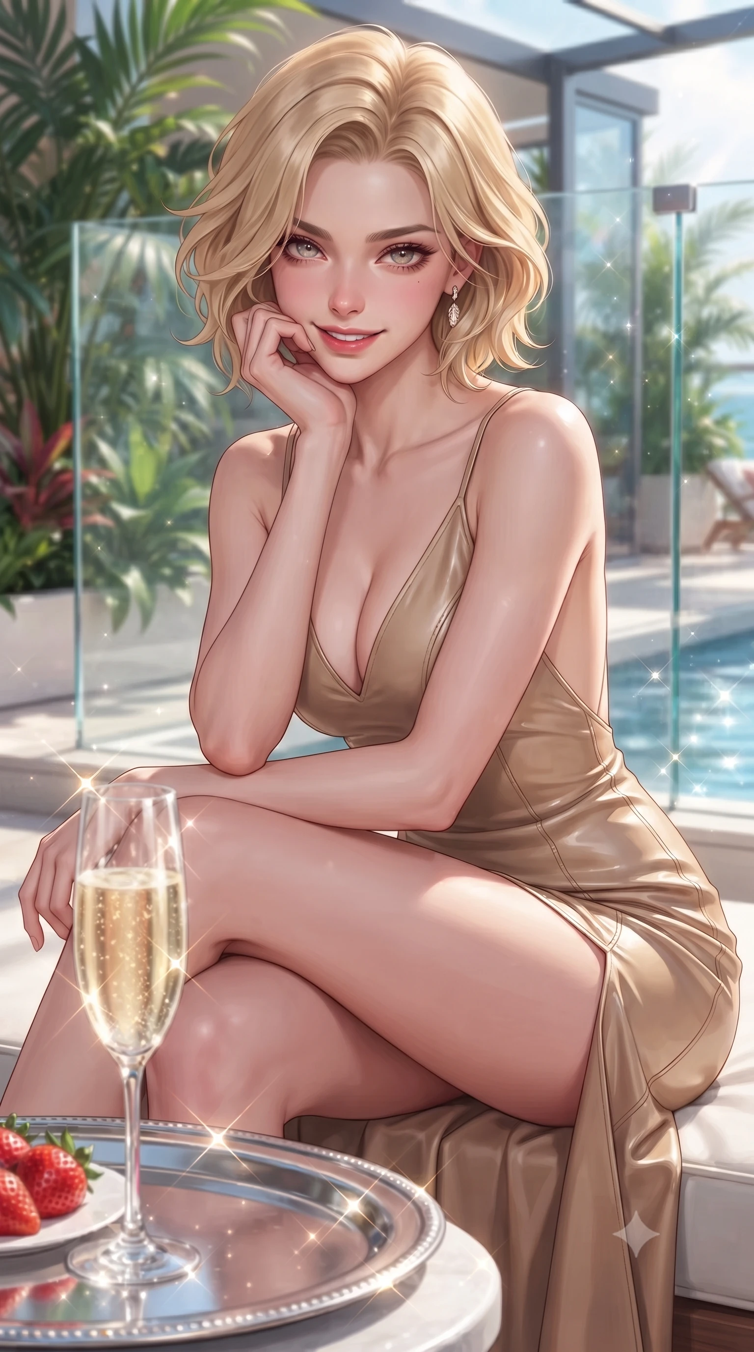 score_9, masterpiece, best quality, ultra-detailed, high-budget anime keyframe, editorial fashion photography, tasteful artistic composition, Caucasian woman. close-up cowboy shot from the waist and thighs up, the character dominates the composition, filling the frame with her large presence, background elements kept in soft focus. flashing a sweet yet tantalizing grin, resting her chin on the back of her hand with intense eye contact set against a soft-focus background of inside an exclusive solarium deck with a crystal glass of sparkling champagne and fresh strawberries on a silver tray. She has an exceptionally elegant, slender, and willowy female figure with an ultra-slim waist, a gracefully sculpted slender torso, and a refined silhouette. sharp v-shaped jawline, high-bridge nose, intricate jewel-like eyes with depth, thick eyelashes, glossy lips with a natural sheen. wearing tailored warm beige glossy leather open-back silk slip dress featuring a deep V-neckline and a leg-lengthening side slit featuring refined tailored seams. lit by crisp morning sun rays creating sparkling glints on polished glass and water. highly saturated vibrant anime colors, detailed shading with soft gradients, rich glossy textures, high-contrast stereoscopic depth, volumetric dynamic lighting, master piece, 9:16 ratio