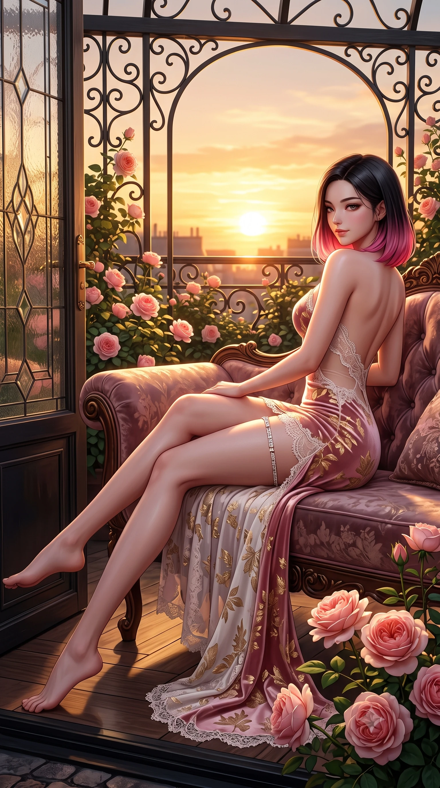 score_9, masterpiece, best quality, ultra-detailed, high-budget anime keyframe, semi-realistic 3D game render, editorial fashion photography, tasteful artistic composition, Korean woman. low angle full-body shot from head to toe showing her feet, filling the entire 9:16 vertical frame with her statuesque presence, stretching her vertical silhouette. reclining gracefully across the plush chaise lounge with one leg extended, her sculpted silhouette and flat midriff radiating magnetic nocturnal glamour while leaning against the glasshouse exterior doorframe with hips cocked back, looking over a bare shoulder toward the golden sunset horizon. The surrounding environment is rendered in vivid detail and crisp panoramic clarity: sharp wrought-iron scrollwork details, blooming David Austin rose petal textures, and leaded glass door frames in deep focus. She has an absolutely perfect, statuesque 8.5-heads proportion, an exceptionally tall and slender model-like female figure with impossibly long slender legs, an ultra-slim waist, a flat toned midriff, narrow delicate ribcage, and beautifully sculpted feminine hips creating a graceful, slim hourglass silhouette without any bulky heaviness. sharp v-shaped jawline, high-bridge nose, sparkling eyes with hypnotic seductive depth, thick curled eyelashes, glossy parted lips with a natural dewy peach sheen, alluring bedroom-eyes with an enchanting coquettish smile, exuding magnetic siren charisma and sophisticated glamour, flawlessly proportioned anatomical accuracy, strict slender model proportions, natural body alignment, perfectly sculpted long slender limbs, ultra-slim waistline, clean dynamic posture without body distortion. wearing a deep sweetheart-neckline velvet bodycon dress with sheer side-torso cutouts accentuating her hourglass curves in delicate blush peony pink and antique white lace with gold leaf, made of delicate semi-sheer French Chantilly lace with intricate eyelash edges, finished with delicate crystal-encrusted thigh garter straps glinting under the lights, the precision-cut side openings and low-back scoop framing her graceful spine and the sensual sweep of her slim, toned hips. bathed in rich golden hour sunset illumination washing horizontally across the rooftop garden. highly saturated vibrant anime colors, detailed shading with soft gradients, rich glossy textures, high-contrast stereoscopic depth, volumetric dynamic lighting, master piece, 9:16 ratio