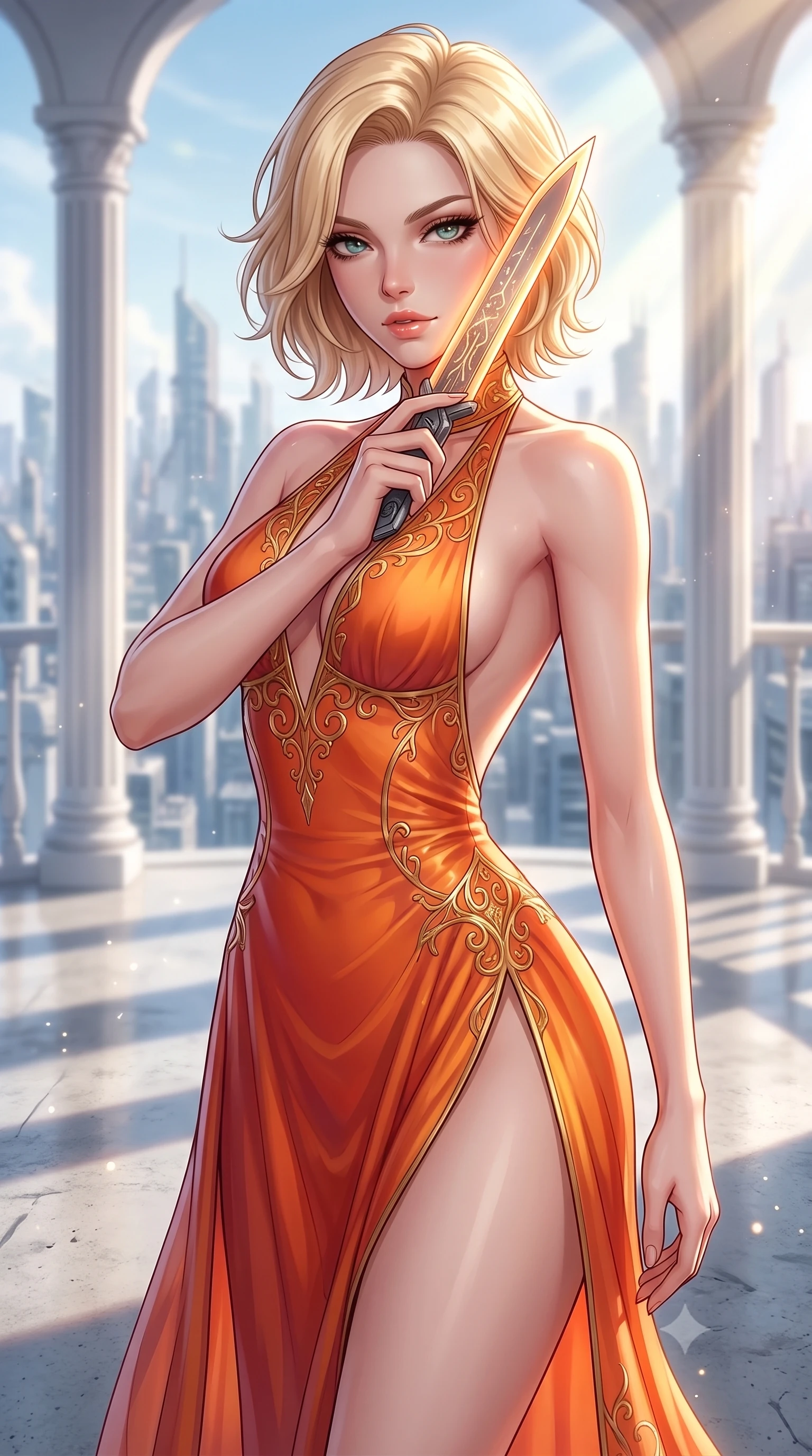 score_9, masterpiece, best quality, ultra-detailed, high-budget anime keyframe, editorial fashion photography, tasteful artistic composition, Caucasian woman. close-up cowboy shot from the waist and thighs up, the character dominates the composition, filling the frame with her large presence, background elements kept in soft focus. pressing the flat side of a glowing vibro-blade against her cheek, locking eyes with the viewer with bedroom-eyes, the background shows a soft-focus a cleanroom veranda with white columns, looking out at a high-tech city skyline. She has an exceptionally elegant, slender, and willowy female figure with an ultra-slim waist, a gracefully sculpted slender torso, and a refined silhouette. sharp v-shaped jawline, high-bridge nose, intricate jewel-like eyes with depth, thick eyelashes, glossy lips with a natural sheen. wearing a form-contouring high-slit space combat gown in sunset orange chiffon, featuring a daring thigh-slit and an open-back design. bright morning sun rays creating fresh and energetic shadows on the concrete. highly saturated vibrant anime colors, detailed shading with soft gradients, rich glossy textures, high-contrast stereoscopic depth, volumetric dynamic lighting, master piece, 9:16 ratio