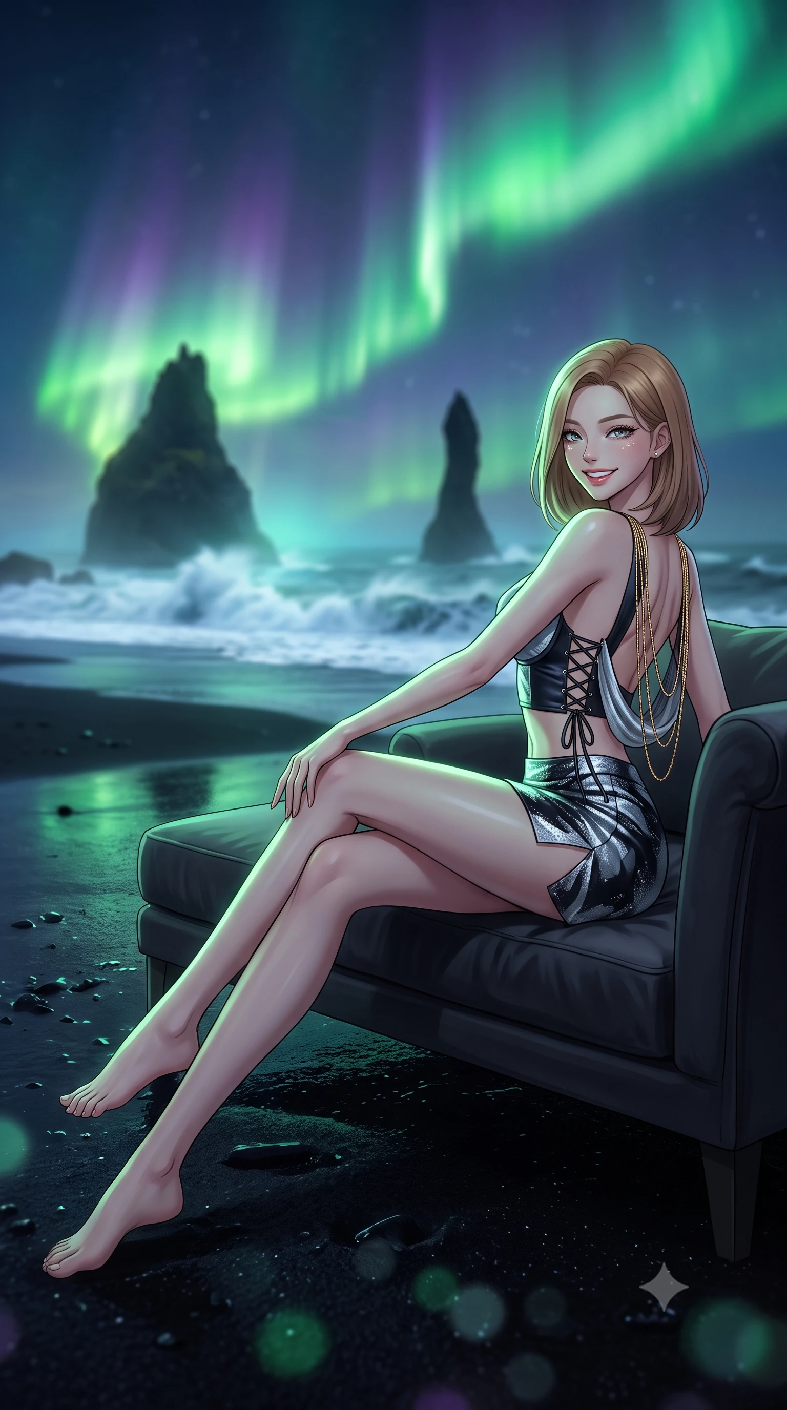 score_9, masterpiece, best quality, ultra-detailed, high-budget anime keyframe, editorial fashion photography, tasteful artistic composition, Korean woman. low angle full-body shot from head to toe showing her feet, filling the entire 9:16 vertical frame with her statuesque presence, stretching her vertical silhouette. reclining gracefully across the plush chaise lounge with one leg extended, her sculpted silhouette and flat midriff radiating magnetic nocturnal glamour while twisting her slender torso in an alluring contrapposto stance on the obsidian sand, ethereal green auroral glows tracing her narrow waist and curvy hips. The background shows a soft-focus monumental Reynisdrangar sea stack needles rising from crashing foaming surf, vibrant rippling green aurora curtains, and black beach blurred into emerald, obsidian, and pearl bokeh. She has an exceptionally tall and slender model-like 8.5-heads proportion, an ultra-slim waist, a flat toned midriff, narrow delicate ribcage, and beautifully sculpted feminine hips creating a graceful, slim hourglass silhouette without any bulky heaviness, with impossibly long slender legs. sharp v-shaped jawline, high-bridge nose, intricate jewel-like sparkling eyes with depth, thick eyelashes, glossy parted lips with a natural peach sheen, bright cheerful beaming smile with an enchanting and coquettish sensual glint, exuding both youthful cute charm and seductive allure, flawlessly proportioned anatomical accuracy, strict slender model proportions, natural body alignment, perfectly sculpted long slender limbs, ultra-slim waistline, clean dynamic posture without body distortion. wearing a sculpted satin underwire crop bustier with lace-up side ties paired with a micro skirt in Vik black sand obsidian and glacier crystal silver, crafted from bespoke double-faced cashmere with an exceptionally soft tactile finish, accented with an open-back drape framed by falling strands of delicate gold chains, the precision-cut side openings and low-back scoop framing her graceful spine and the sensual sweep of her slim, toned hips. bathed in the ethereal 5200K phosphorescent green-and-violet illumination of active aurora borealis curtains mixed with twilight glow. ultra-reflective glossy finish, specular highlights, rich textural contrasts, high-contrast stereoscopic depth, volumetric dynamic lighting, 2k, ultra detail, master piece, 9:16 ratio