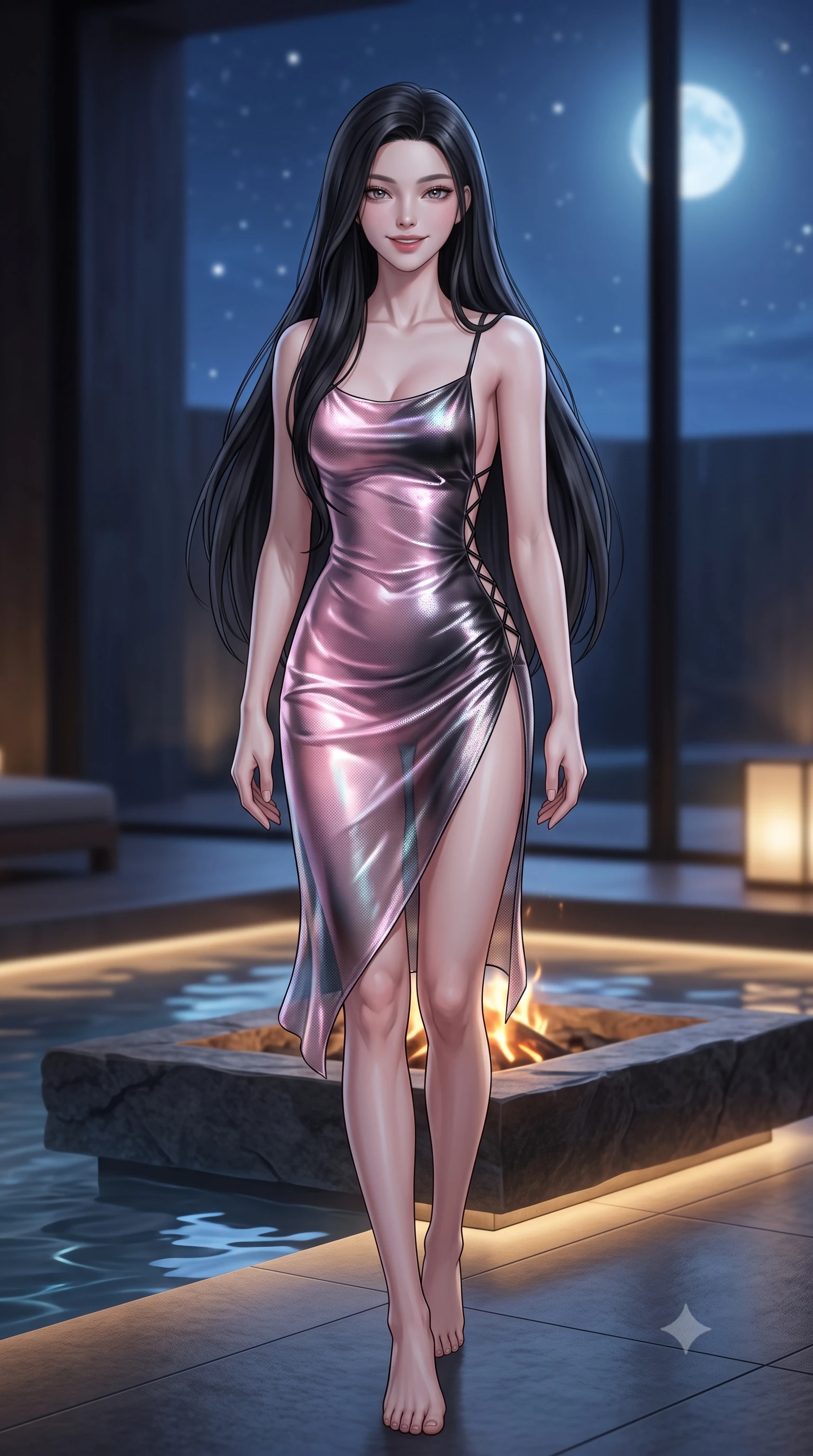 score_9, masterpiece, best quality, ultra-detailed, high-budget anime keyframe, semi-realistic 3D game render, editorial fashion photography, tasteful artistic composition, Korean woman. low angle full-body shot from head to toe showing her feet, filling the entire 9:16 vertical frame with her statuesque presence, stretching her vertical silhouette. stepping forward in a confident stride, her long slender legs and curvaceous hips creating a dynamic, sweeping vertical line while twisting her slender torso in an alluring contrapposto stance beside the sunken hearth, starlight and water ripples tracing her flat midriff. The background shows a soft-focus concealed floor downlights softened in Scandinavian minimalist spa shallow focus. She has an exceptionally tall and slender model-like 8.5-heads proportion, an ultra-slim waist, a flat toned midriff, narrow delicate ribcage, and beautifully sculpted feminine hips creating a graceful, slim hourglass silhouette without any bulky heaviness, with impossibly long slender legs. sharp v-shaped jawline, high-bridge nose, intricate jewel-like sparkling eyes with depth, thick eyelashes, glossy parted lips with a natural peach sheen, bright cheerful beaming smile with an enchanting and coquettish sensual glint, exuding both youthful cute charm and seductive allure, flawlessly proportioned anatomical accuracy, strict slender model proportions, natural body alignment, perfectly sculpted long slender limbs, ultra-slim waistline, clean dynamic posture without body distortion. wearing an alluring backless sheer holographic mesh slip dress with high thigh slit clinging smoothly to her dewy skin in Kyoto moonlit sakura blush and polished urushi black, crafted from fluid liquid silk satin that clings smoothly to her narrow waist and rounded hips with a dewy sheen, featuring fine criss-cross lace-up side ties revealing tantalizing glimpses of her hip curve, the glove-like clinging cut tightly following the natural contour of her hips and long slender legs with youthful 8.5-heads elegance. bathed in cool moonlight and starlight balanced with warm 2700K architectural recessed ledge downlights. highly saturated vibrant anime colors, detailed shading with soft gradients, rich glossy textures, high-contrast stereoscopic depth, volumetric dynamic lighting, master piece, 9:16 ratio