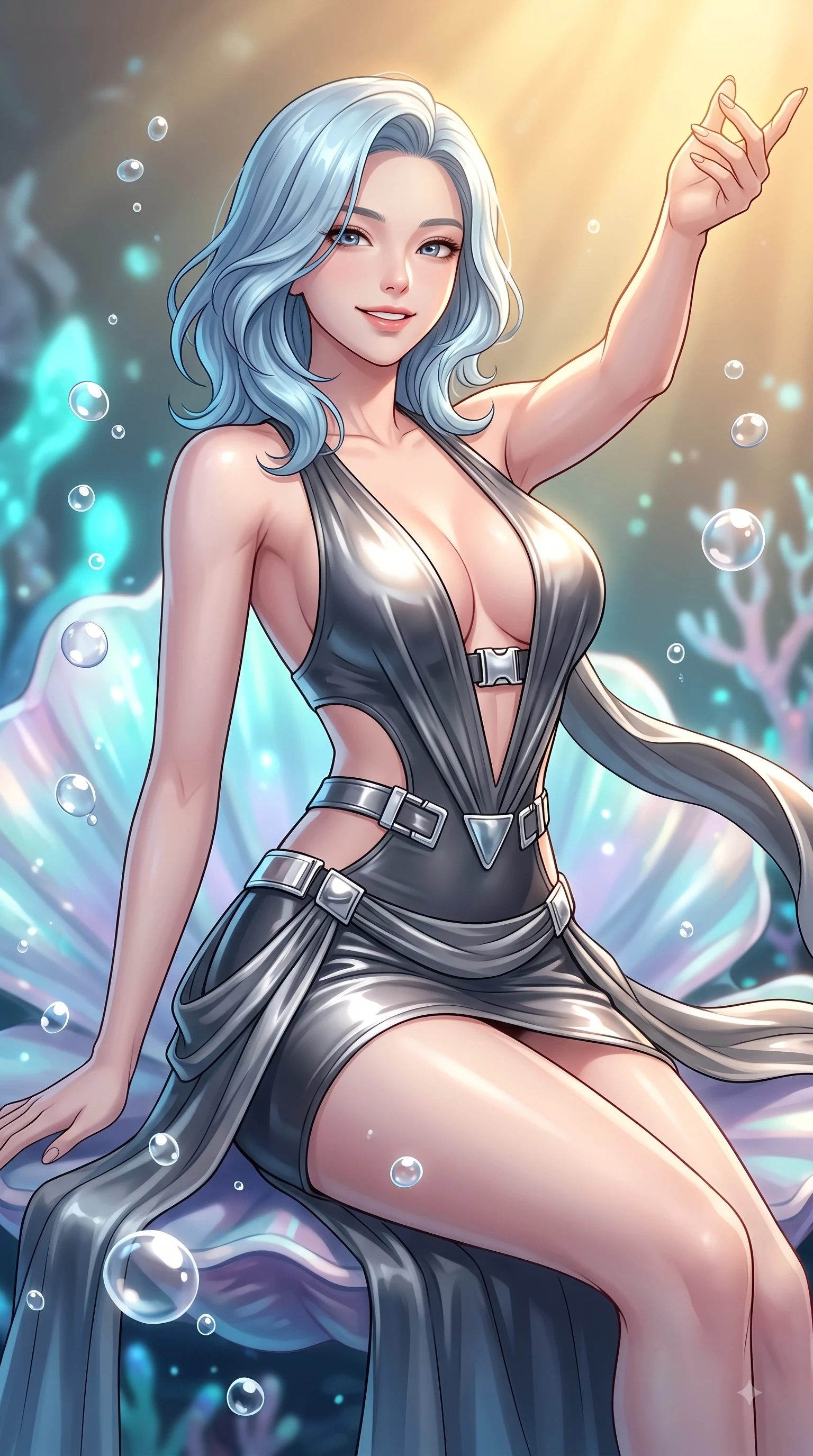 score_9, masterpiece, best quality, ultra-detailed, high-budget anime keyframe, editorial fashion photography, tasteful artistic composition, Korean woman. close-up cowboy shot from the waist and thighs up, the character dominates the composition, filling the frame with her large presence, background elements kept in soft focus. Extending one arm in an elegant stretch toward the light while smiling with magnetic self-assurance while poised on an abyssal prism shell throne as gentle sea bubbles cast pearl-white highlights, gentle ocean currents swaying her lightweight attire in fluid underwater motions. She has an exceptionally elegant, slender, and willowy female figure with an ultra-slim waist, a gracefully sculpted slender torso, and a refined silhouette. sharp v-shaped jawline, high-bridge nose, intricate jewel-like eyes with depth, thick eyelashes, glossy lips with a natural sheen, flawlessly proportioned anatomical accuracy, natural body alignment, perfectly sculpted elegant limbs, clean dynamic posture without body distortion. wearing a liquid mercury gloss mini dress with ultra-deep V-neck and waist cutouts in charcoal grey and platinum, formed from sleek second-skin neoprene, detailed with polished silver buckles along the waistline, the elegant draped fit framing her graceful clavicle and slender torso. illuminated by luminous aqua bioluminescence and warm golden top lighting. highly saturated vibrant anime colors, detailed shading with soft gradients, rich glossy textures, high-contrast stereoscopic depth, volumetric dynamic lighting, master piece, 9:16 ratio