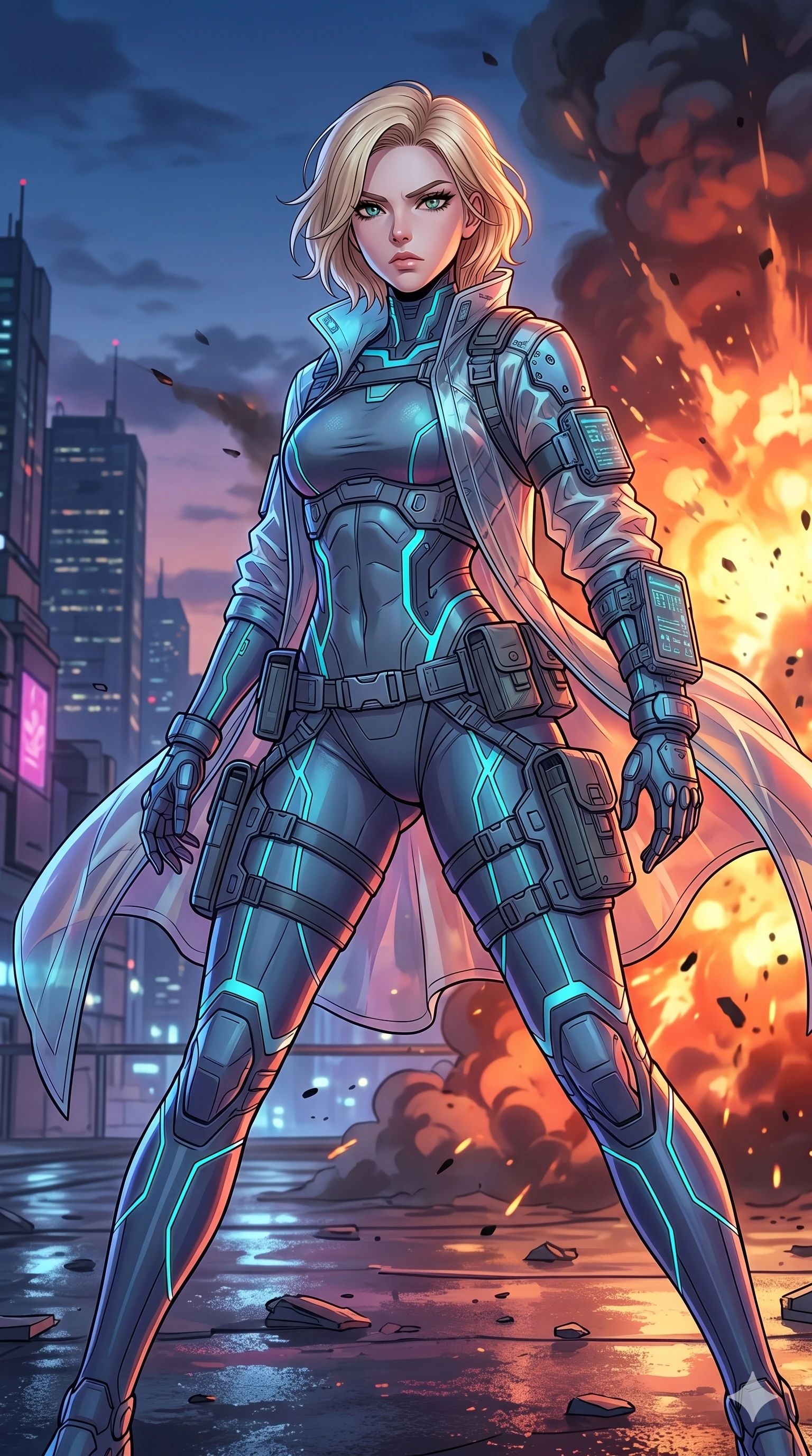 score_9, masterpiece, best quality, ultra-detailed, high-budget anime movie keyframe, cinematic anime lighting, intricate line art, Japanese woman. Low angle cowboy shot capturing a powerful motion and statuesque presence. reeling back from an explosion with a look of fierce determination. She has an absolutely perfect 8-heads proportion, an exceptionally tall and slender female figure with graceful and slender proportions. strictly human anatomy, two legs only, no extra limbs, clearly defined legs and arms, perfect anatomy, perfect hands and fingers. sharp v-shaped jawline, high-bridge nose, intricate jewel-like eyes, thick eyelashes, glossy lips. Wearing Tech-Fantasy: Cybernetic tech-suit with glowing seams, translucent jacket over a bodysuit, and modular tactical gear. The scene is illuminated by dramatic atmospheric lighting and vibrant color palettes. , 2k, ultra detail, master piece, 9:16 ratio