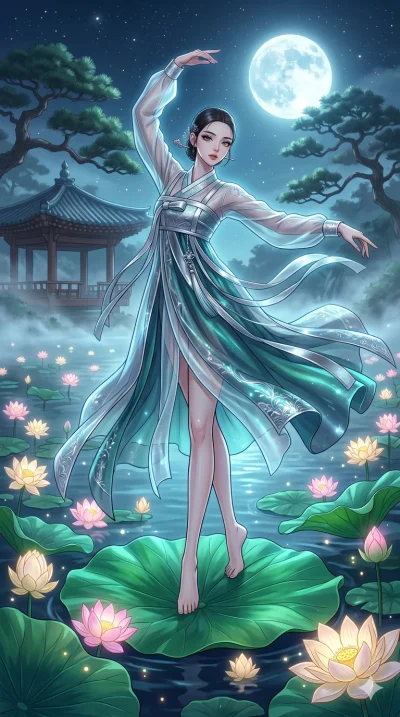 score_9, masterpiece, best quality, ultra-detailed, High-budget Anime Keyframe, beautiful Korean anime girl. Low angle cowboy shot filling the entire 9:16 frame with her statuesque presence. Dancing gracefully on giant lotus leaves floating in a mist