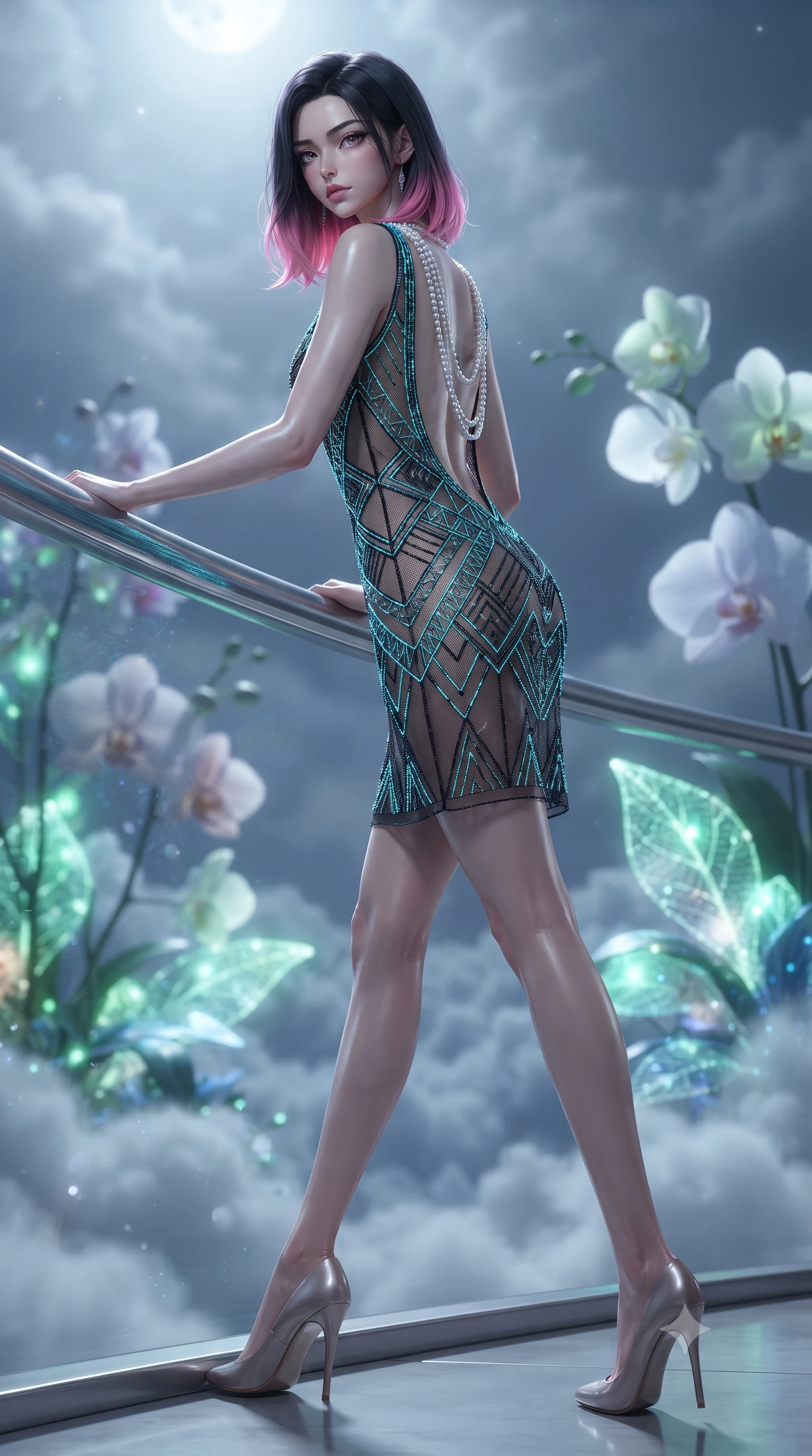 score_9, masterpiece, best quality, ultra-detailed, high-budget anime keyframe, editorial fashion photography, tasteful artistic composition, Korean woman. low angle full-body shot from head to toe showing her feet, filling the entire 9:16 vertical frame with her statuesque presence, stretching her vertical silhouette. striding forward in a proud supermodel runway stride, hips swaying in an alluring kinetic rhythm that accentuates her curvy hourglass silhouette while leaning forward over the curved titanium balcony railing amidst towering exotic orchids, looking back as cloud seas swirl below. The composition keeps background elements in soft focus with creamy bokeh. drifting cloud sea blankets and glowing botanical bio-mesh leaves blurred into electric lime, emerald, and moonlight-silver bokeh. She has an exceptionally tall and slender model-like 8.5-heads proportion, an ultra-slim waist, a flat toned midriff, narrow delicate ribcage, and beautifully sculpted feminine hips creating a graceful, slim hourglass silhouette without any bulky heaviness, with impossibly long slender legs. sharp v-shaped jawline, high-bridge nose, intricate jewel-like eyes with depth, thick eyelashes, glossy parted lips with a natural sheen, intensely captivating and seductive bedroom-eyes expression, flawlessly proportioned anatomical accuracy, strict slender model proportions, natural body alignment, perfectly sculpted long slender limbs, ultra-slim waistline, clean dynamic posture without body distortion. wearing a sheer vintage mesh flapper dress adorned with intricate geometric beadwork over an opaque silk slip in neon electric cyan and lacquer black, tailored from ultra-smooth duchess satin with a pearlescent sheen, accented with a multi-strand pearl back necklace cascading down her bare spine to her hips, the precision-cut side openings and low-back scoop framing her graceful spine and the sensual sweep of her slim, toned hips. bathed in cool silver full-moon light streaming from above and soft emerald bio-luminescent foliage fill. ultra-reflective glossy finish, specular highlights, rich textural contrasts, high-contrast stereoscopic depth, volumetric dynamic lighting, 2k, ultra detail, master piece, 9:16 ratio