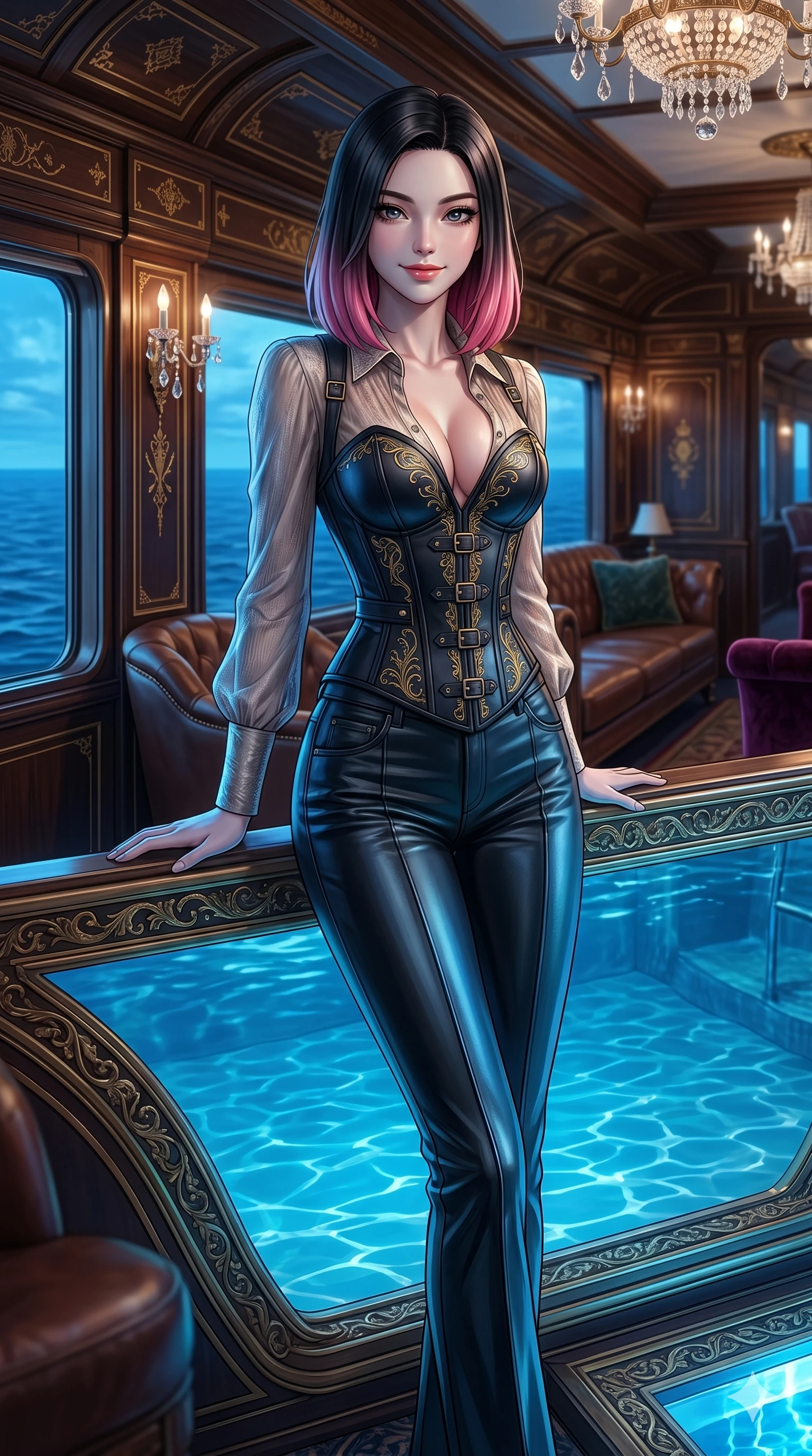 score_9, masterpiece, best quality, ultra-detailed, high-budget anime keyframe, editorial fashion photography, tasteful artistic composition, Korean woman. cowboy shot from the thighs up, character and outfit filling the frame for maximum editorial presence. leaning against the pool wall, looking at the viewer with a smile inside a luxury train car cabin with large windows showing the ocean (Code-P19-170). She has an absolutely perfect 8-heads proportion, an exceptionally tall and slender female figure with impossibly long slender legs and an ultra-slim waist. V-shaped jawline, high-bridge nose, intricate jewel-like eyes with depth, thick eyelashes, glossy lips with a natural sheen. wearing a leather corset with sweetheart neckline revealing cleavage. cool blue light from the pool reflecting off her skin and outfit textures. 2k, ultra detail, master piece, 9:16 ratio