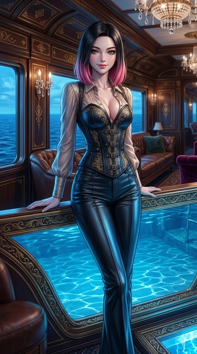 score_9, masterpiece, best quality, ultra-detailed, high-budget anime keyframe, editorial fashion photography, tasteful artistic composition, Korean woman. cowboy shot from the thighs up, character and outfit filling the frame for maximum editorial p