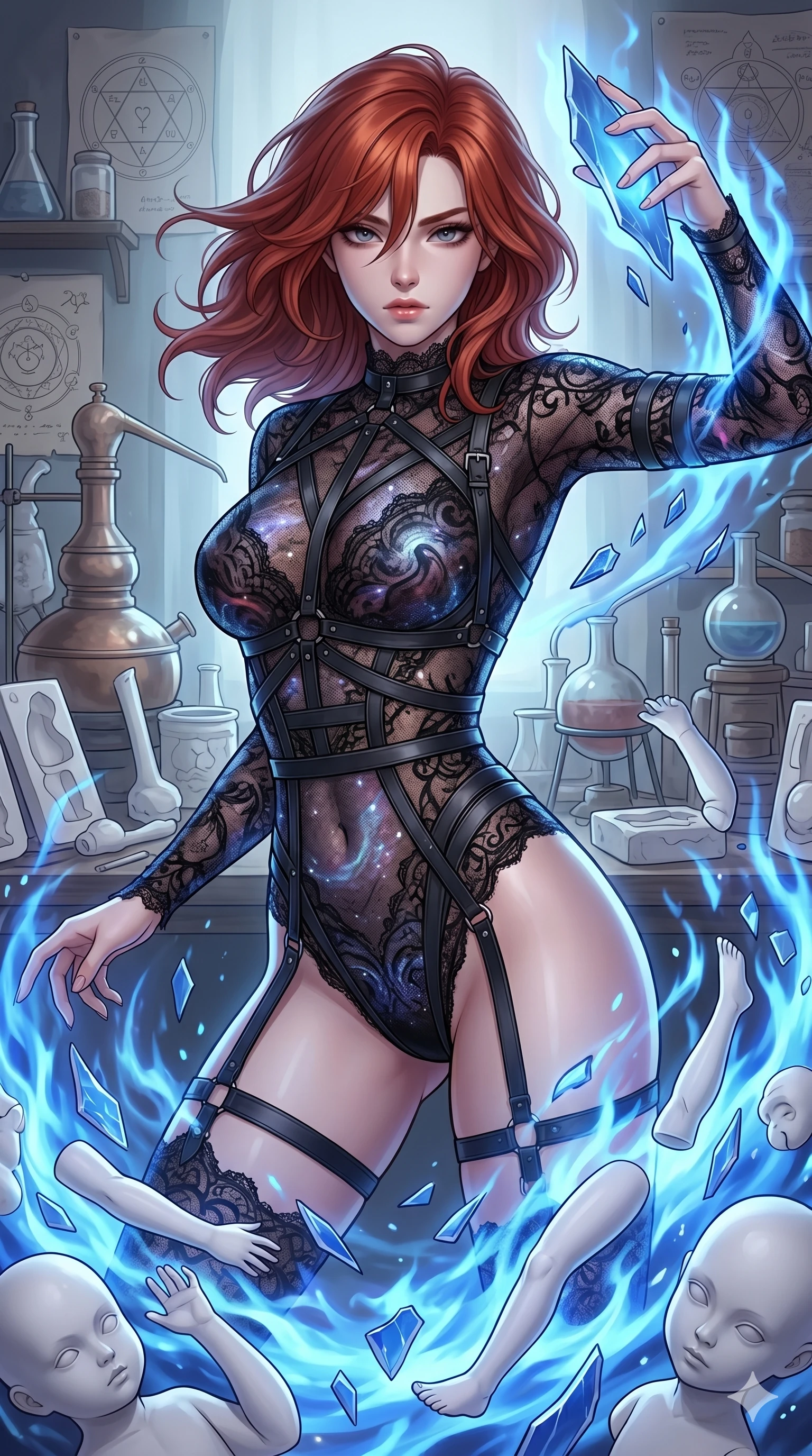 score_9, masterpiece, best quality, ultra-detailed, high-budget anime keyframe, Korean woman. upper body close-up from the thighs up, character filling the screen for maximum presence. assisting in an alchemical porcelain workshop where floating white bisque doll parts and blue porcelain shards swirl amidst blue alchemical flames. She has an absolutely perfect 8-heads proportion, an exceptionally tall and slender female figure with impossibly long slender legs and an ultra-slim waist. V-shaped jawline, high-bridge nose, intricate jewel-like eyes with depth, thick eyelashes, glossy lips with a natural sheen.. wearing a gothic nebula lace bodysuit, featuring a sheer black lace bodysuit with cosmic nebula patterns, reinforced by matte leather straps. lit by a soft glowing ambient light and a sharp side key light that traces the sleek contours of her athletic build. 2k, ultra detail, master piece, 9:16 ratio