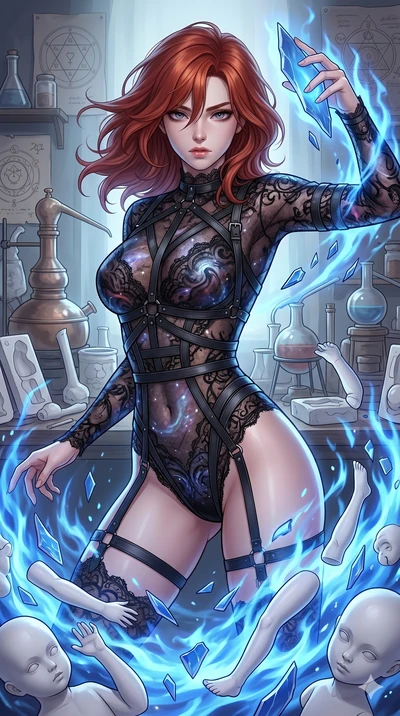 score_9, masterpiece, best quality, ultra-detailed, high-budget anime keyframe, Korean woman. upper body close-up from the thighs up, character filling the screen for maximum presence. assisting in an alchemical porcelain workshop where floating whit