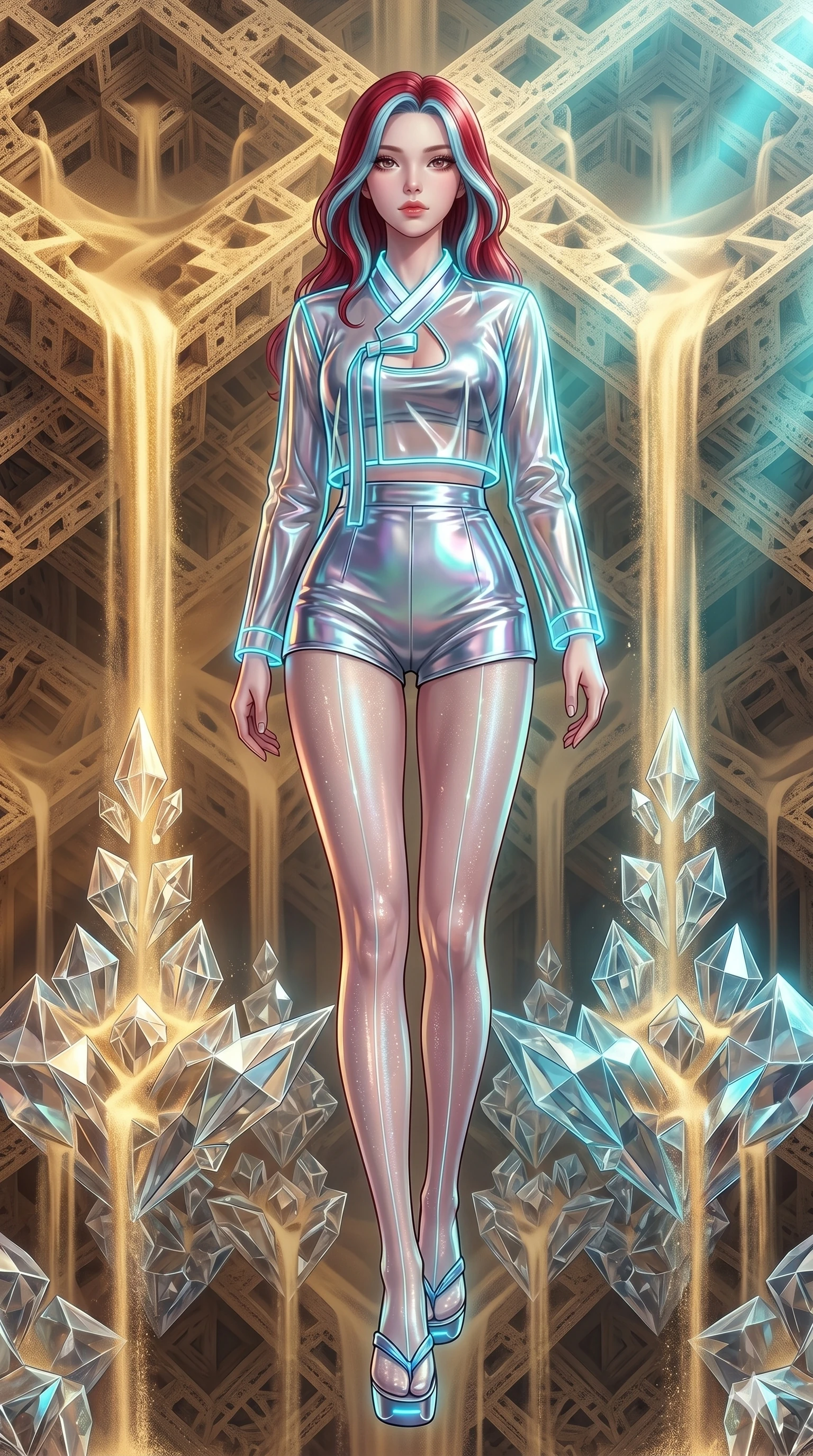 score_9, masterpiece, best quality, ultra-detailed, high-budget anime keyframe, Japanese woman. low angle full-body shot filling the entire 9:16 frame with her statuesque presence, stretching the vertical silhouette. descending through a fractal quicksand temple where golden sand waterfalls transform into glass crystals, revealing intricate repeating patterns. She has an absolutely perfect 8-heads proportion, an exceptionally tall and slender female figure with impossibly long slender legs and an ultra-slim waist. V-shaped jawline, high-bridge nose, intricate jewel-like eyes with depth, thick eyelashes, glossy lips with a natural sheen.. wearing a vinyl liquid mercury fusion hanbok, featuring a translucent chrome-silver vinyl jeogori and high-waist micro-shorts, detailed with glowing neon wire trims and a tasteful chest slit. showcasing a beautiful play of light and shadow, with warm golden rays clashing against cool cyan highlights. 2k, ultra detail, master piece, 9:16 ratio