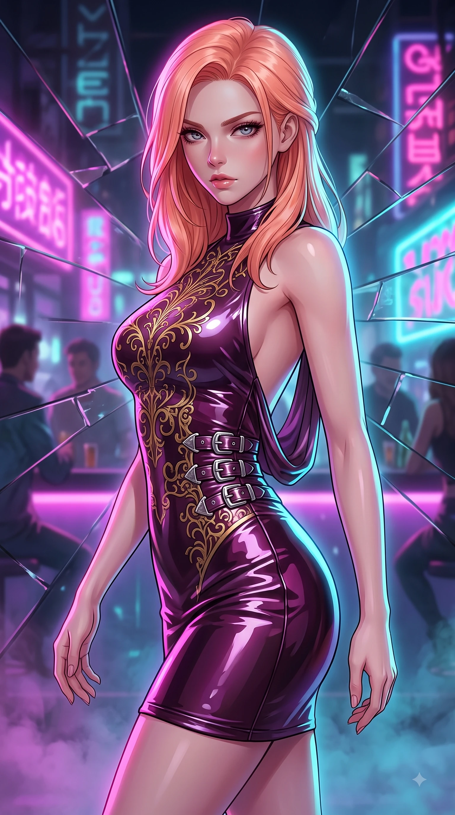 score_9, masterpiece, best quality, ultra-detailed, high-budget anime keyframe, editorial fashion photography, tasteful artistic composition, Japanese woman. close-up cowboy shot from the waist and thighs up, the character dominates the composition, filling the frame with her large presence, background elements kept in soft focus. Gazing past the lens with smoldering intensity as her torso curves dynamically in mid-stride while pivoting dynamically in front of a shattered mirror bar as magenta neon reflections trace her curves, soft urban mist scattering vibrant magenta and cyan neon rim light around her silhouette. She has an exceptionally elegant, slender, and willowy female figure with an ultra-slim waist, a gracefully sculpted slender torso, and a refined silhouette. sharp v-shaped jawline, high-bridge nose, intricate jewel-like eyes with depth, thick eyelashes, glossy lips with a natural sheen, flawlessly proportioned anatomical accuracy, natural body alignment, perfectly sculpted elegant limbs, clean dynamic posture without body distortion. wearing a precision-fitted liquid jersey bodycon dress with a graceful draped back in plum purple and gold filigree, tailored from high-gloss patent leather, detailed with polished silver buckles along the waistline, the glove-like fit emphasizing her statuesque silhouette during motion. surrounded by a high-energy, seductive cyberpunk nightlife ambiance. highly saturated vibrant anime colors, detailed shading with soft gradients, rich glossy textures, high-contrast stereoscopic depth, volumetric dynamic lighting, master piece, 9:16 ratio