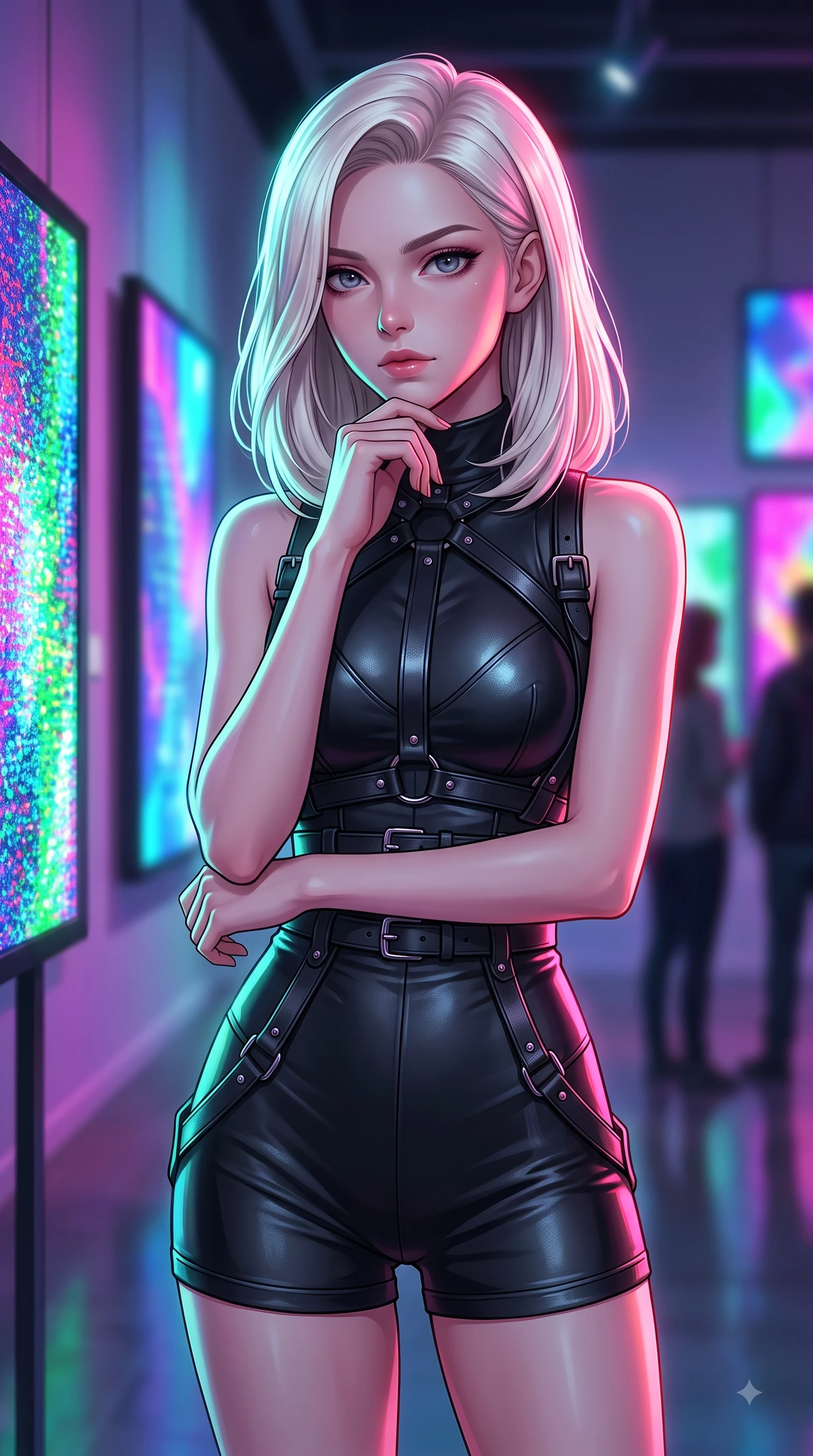 score_9, masterpiece, best quality, ultra-detailed, high-budget anime keyframe, editorial fashion photography, tasteful artistic composition, Caucasian woman woman. close-up cowboy shot from the waist and thighs up, the character dominates the composition, filling the frame with her large presence, background elements kept in soft focus. She has an exceptionally elegant, slender, and willowy female figure with an ultra-slim waist, a gracefully sculpted slender torso, and a refined silhouette. resting her chin on the back of her fingers in a thoughtful and effortless pose, flawlessly proportioned anatomical accuracy, natural body alignment, perfectly sculpted elegant limbs, clean dynamic posture without body distortion. set against a soft-focus background of a high-end gallery with RGB noise digital canvas displays. wearing a black structured leather harness over a fitted second-skin micro-shorts set. bathed in dynamic shifting RGB neon lights creating dramatic high-contrast rim light. highly saturated vibrant anime colors, detailed shading with soft gradients, rich glossy textures, high-contrast stereoscopic depth, volumetric dynamic lighting, master piece, 9:16 ratio