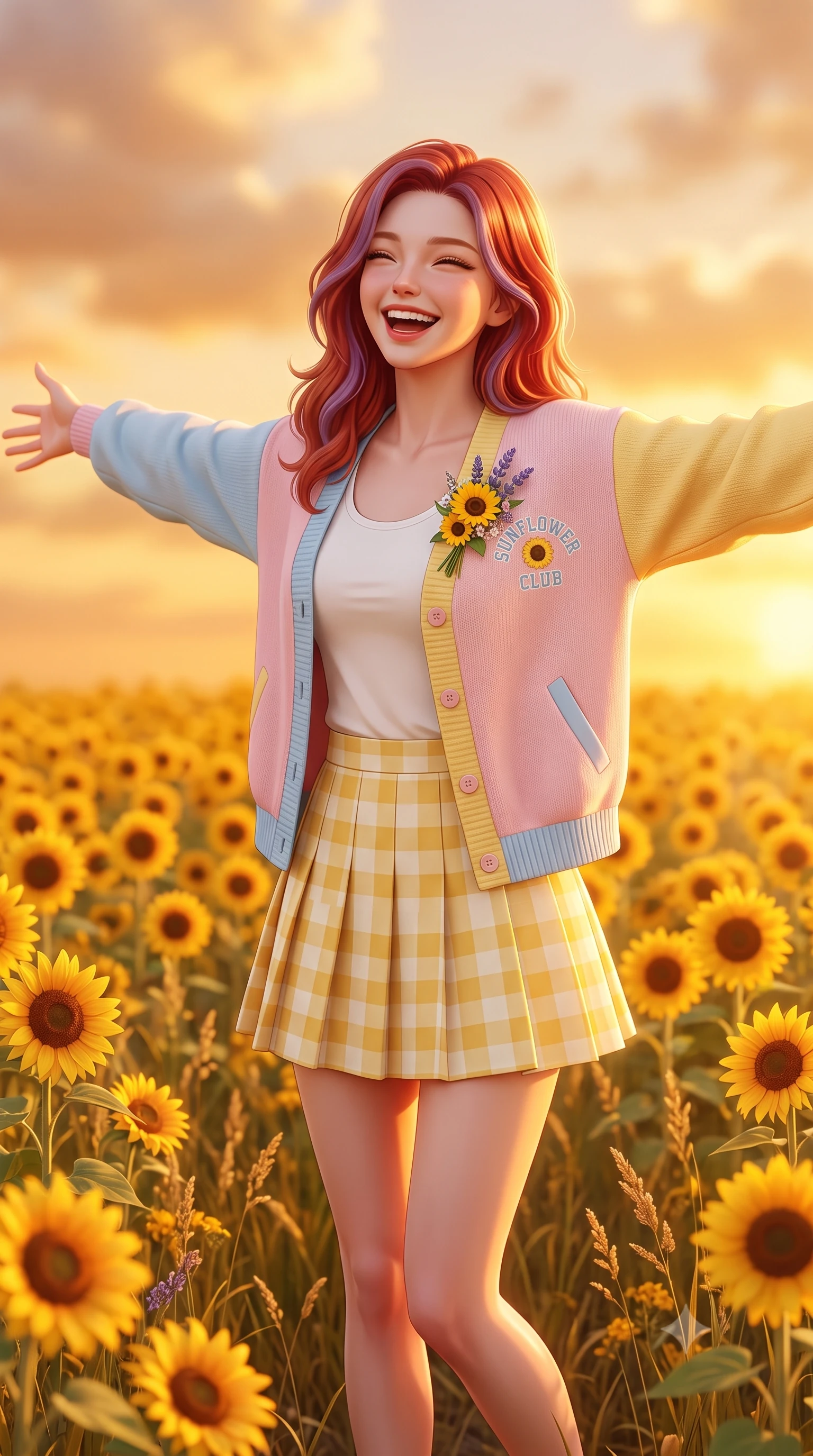 score_9, masterpiece, best quality, ultra-detailed, high-budget anime keyframe, semi-realistic 3D game render, editorial fashion photography, tasteful artistic composition, Caucasian woman. close-up cowboy shot from the waist and thighs up, the character dominates the composition, filling the frame with her large presence. laughing cheerfully with genuine delight, eyes crinkling sweetly as natural golden sunlight illuminates her glowing cheeks while stretching her arms out wide in the golden flower field, embracing the warm summer breeze with pure girlhood delight. The composition keeps background elements in soft focus with creamy bokeh. endless yellow sunflower faces and pastel sunset clouds blurred into rich amber, honey-gold, and peach bokeh. She has an exceptionally elegant, slender, and willowy female figure with an ultra-slim waist, a gracefully sculpted slender torso, toned flat midriff, and a refined slim silhouette. sharp v-shaped jawline, high-bridge nose, intricate jewel-like eyes with depth, thick eyelashes, glossy lips with a natural sheen, pure and lovely fresh girlhood expression, flawlessly proportioned anatomical accuracy, strict slender model proportions, natural body alignment, perfectly sculpted long slender limbs, ultra-slim waistline, clean dynamic posture without body distortion. wearing a chic pastel varsity cardigan over a simple white scoop-neck tee and a pleated mini skirt in fresh buttercup yellow and clean cream white, tailored from soft pastel lightweight wool blend with subtle texture, complemented by a delicate wildflower corsage pinned to the lapel, the body-hugging lightweight knit clinging delicately to her slender torso, accentuating her graceful neck and feminine lines. illuminated by soft amber fill light highlighting her glowing complexion and joyful smile. highly saturated vibrant anime colors, detailed shading with soft gradients, rich glossy textures, high-contrast stereoscopic depth, volumetric dynamic lighting, master piece, 9:16 ratio