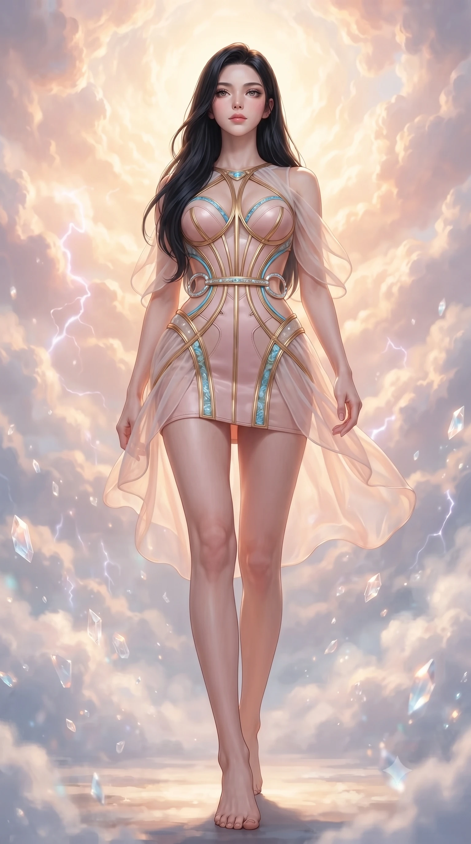 score_9, masterpiece, best quality, ultra-detailed, high-budget anime keyframe, editorial fashion photography, tasteful artistic composition, Korean woman. low angle full-body shot from head to toe showing her feet, filling the entire 9:16 vertical frame with her statuesque presence, stretching her vertical silhouette. forging confidently through the floating crystal mist, holding a poised statuesque stance, walking through a cloud sanctuary as soft thunderless lightning glows within cloud walls, ethereal serenity in her composed facial expression. She has an absolutely perfect, statuesque 8.5-heads proportion, an exceptionally tall and slender model-like female figure with impossibly long slender legs and an ultra-slim waist. sharp v-shaped jawline, high-bridge nose, intricate jewel-like eyes with depth, thick eyelashes, glossy lips with a natural sheen. wearing architectural cut-out pale pink leather mini dress with sculpted gold boning in sky blue turquoise, made of sheer opal chiffon overlay, accented with sculpted opal chrome rings at the waist, highlighting her statuesque proportions and ultra-slim waistline. bathed in warm golden sunrise beams filtering through soft rose clouds. highly saturated vibrant anime colors, detailed shading with soft gradients, rich glossy textures, high-contrast stereoscopic depth, volumetric dynamic lighting, master piece, 9:16 ratio