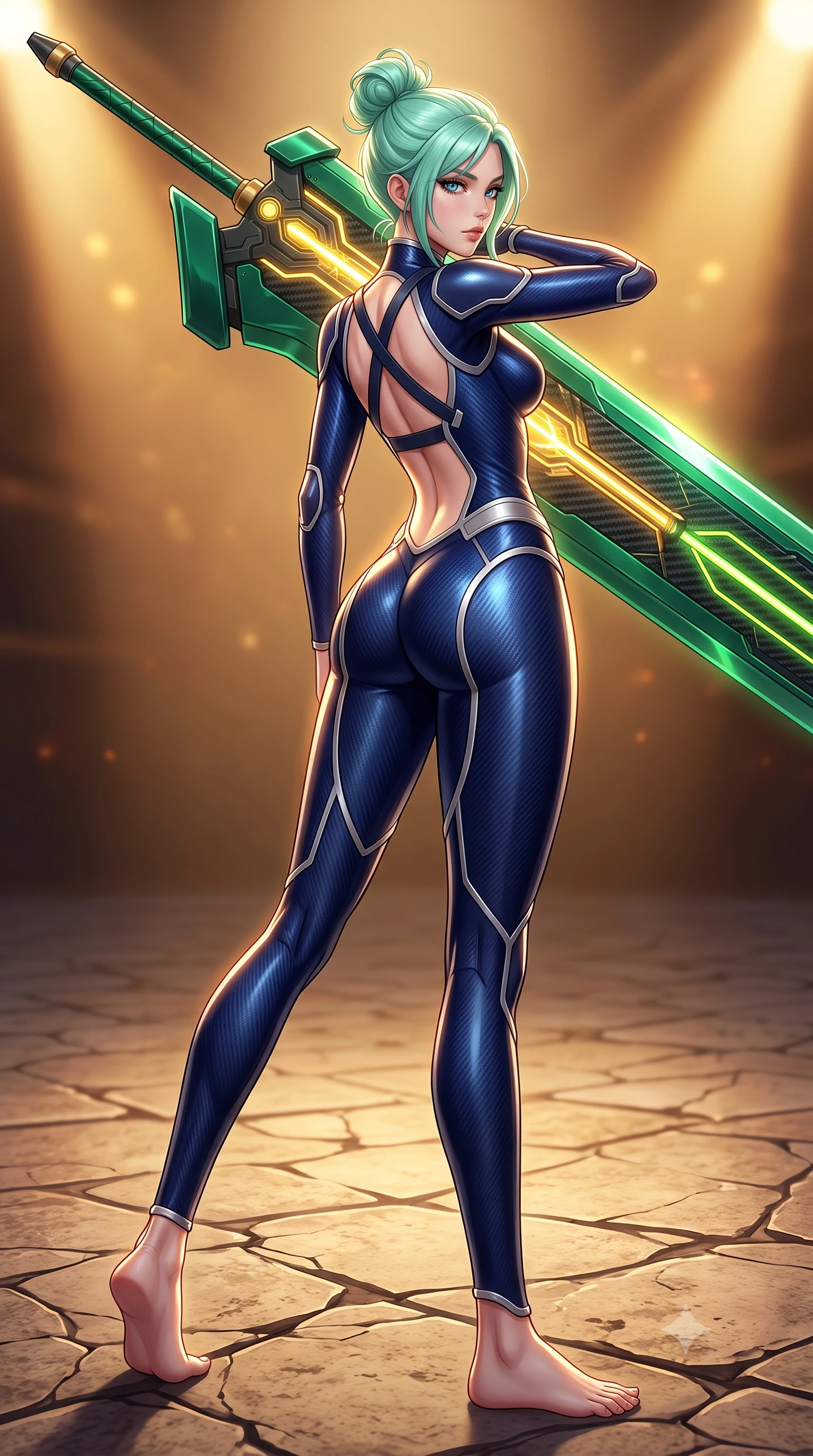score_9, masterpiece, best quality, ultra-detailed, high-budget anime keyframe, semi-realistic 3D game render, editorial fashion photography, tasteful artistic composition, Japanese woman. low angle full-body shot from head to toe showing her feet, filling the entire 9:16 vertical frame with her statuesque presence, stretching her vertical silhouette. pivoting dynamically in mid-motion with a breathtakingly alluring posture, displaying her flawless model proportions, toned flat midriff, and ultra-slim waist while arching her spine in a fluid motion as glowing golden energy channels along the broad blade illuminate her sculpted torso. The surrounding environment is rendered in vivid detail and crisp panoramic clarity. detailed carbon-composite sword fuller weave, glowing golden power conduits, and cracked arena stone in deep focus. She has an absolutely perfect, statuesque 8.5-heads proportion, an exceptionally tall and slender model-like female figure with impossibly long slender legs, a toned flat midriff, and an ultra-slim waist. sharp v-shaped jawline, high-bridge nose, intricate jewel-like eyes with depth, thick eyelashes, glossy lips with a natural sheen, flawlessly proportioned anatomical accuracy, strict slender model proportions, natural body alignment, perfectly sculpted long slender limbs, ultra-slim waistline, clean dynamic posture without body distortion. wearing a statuesque midnight cobalt carbon-fiber armor-suit with platinum trim and an ultra-slim waistline, resting a massive sleek high-frequency anti-material greatsword across her shoulder in emerald green carbon composite with glowing lime laser channels, made of lightweight aerodynamic carbon-titanium alloy with polished edge bevels, complemented by criss-cross back harness straps highlighting her completely bare spine, the liquid-tight tailored fabric emphasizing every curve of her tall, slender model proportions and sculptured silhouette during dynamic movement. bathed in warm golden arena searchlights and glowing greatsword energy channel radiance. rich saturated anime colors with glowing neon highlights, detailed shading with soft gradients, rich glossy textures, high-contrast stereoscopic depth, volumetric dynamic lighting, master piece, 9:16 ratio