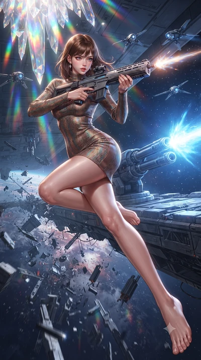 score_9, masterpiece, best quality, ultra-detailed, high-budget anime keyframe, editorial fashion photography, tasteful artistic composition, realistic cosplay photography, Korean woman. low angle full-body shot from head to toe showing her feet, fil