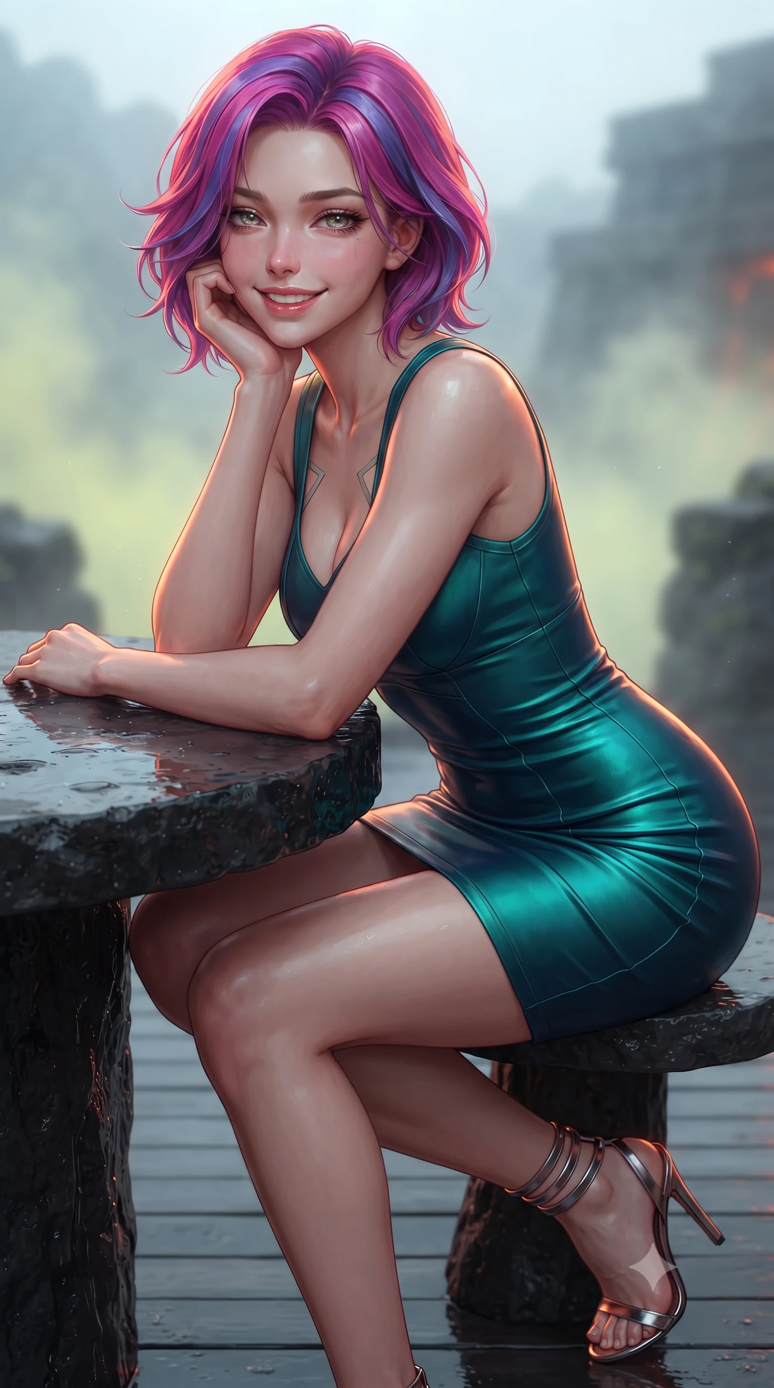 score_9, masterpiece, best quality, ultra-detailed, high-budget anime keyframe, editorial fashion photography, tasteful artistic composition, Caucasian woman. close-up cowboy shot from the waist and thighs up, the character dominates the composition, filling the frame with her large presence. resting one elbow on the table and supporting her chin, leaning close to the camera with heavy-lidded sparkling eyes and parted lips while twisting her slender torso in an alluring contrapposto stance beside the molten rock cooling channel, searing orange magma light dancing across her narrow waist and curvy hips. The background shows a soft-focus sulfur-scented volcanic mist softened in offshore geothermal fortress shallow focus. She has an exceptionally elegant, slender, and willowy female figure with an ultra-slim waist, flat toned midriff, narrow ribcage, and sculpted feminine hips creating an alluring, slim hourglass silhouette without bulk. sharp v-shaped jawline, high-bridge nose, intricate jewel-like sparkling eyes with depth, thick eyelashes, glossy parted lips with a natural peach sheen, bright cheerful beaming smile with an enchanting and coquettish sensual glint, exuding both youthful cute charm and seductive allure, flawlessly proportioned anatomical accuracy, strict slender model proportions, natural body alignment, perfectly sculpted long slender limbs, ultra-slim waistline, clean dynamic posture without body distortion. wearing a dense bandage-knit tactical officer dress with subtle geometric chest accents contouring her delicate ribcage and feminine hips in bioluminescent emerald and abyssal sapphire, crafted from fluid liquid silk satin that clings smoothly to her narrow waist and rounded hips with a dewy sheen, complemented by strappy stiletto sandals with metallic ankle wraps accentuating her slender calves, the liquid-tight tailored fabric clinging flawlessly to her narrow waist and rounded feminine hips, emphasizing every millimeter of her sculpted slim hourglass curves without any bulky heaviness. illuminated by wet basalt deck reflection bounce and sharp magma-orange rim lights sculpting her razor-sharp jawline, narrow waist, and curvy hips. ultra-reflective glossy finish, specular highlights, rich textural contrasts, high-contrast stereoscopic depth, volumetric dynamic lighting, 2k, ultra detail, master piece, 9:16 ratio