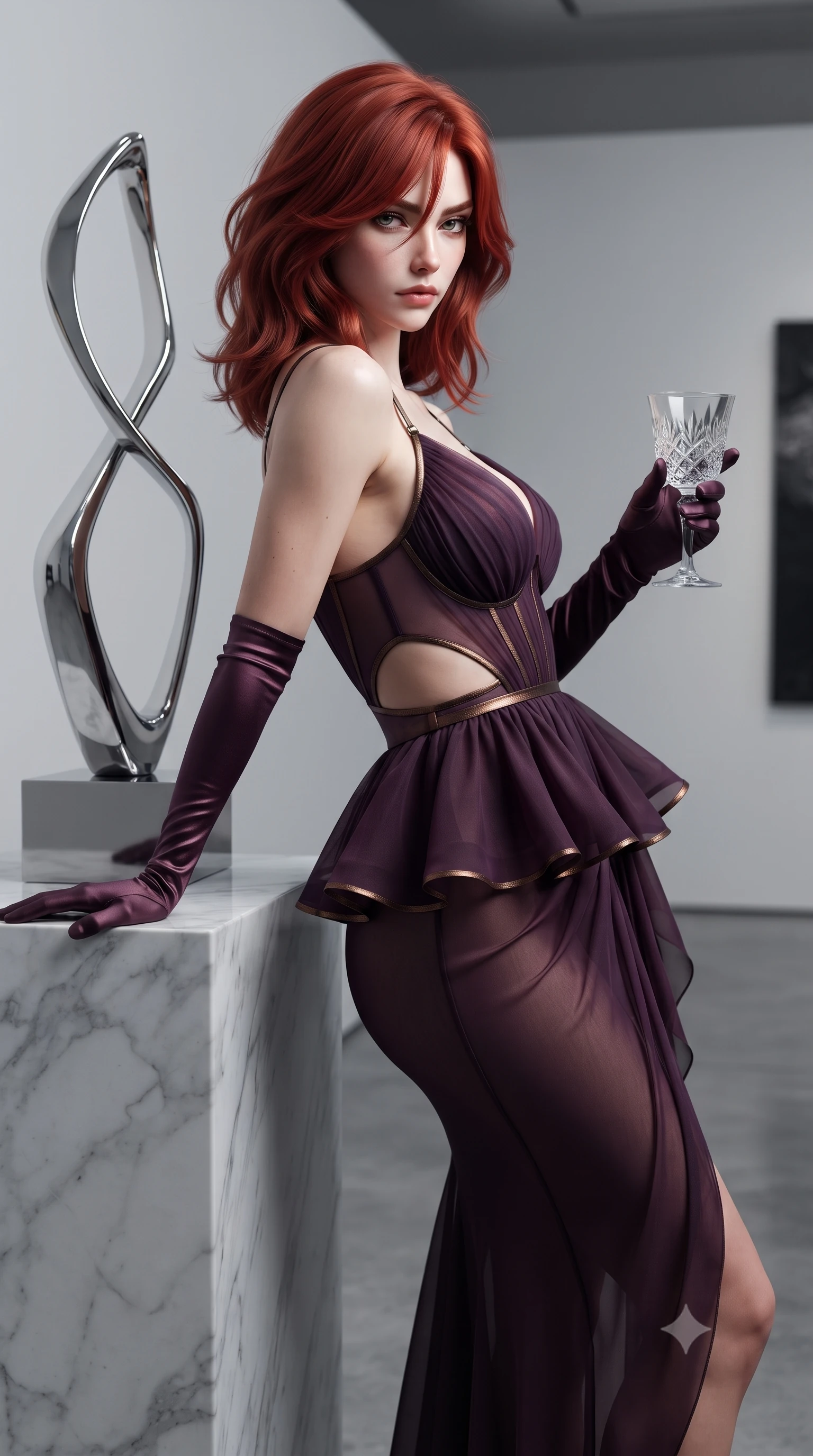 score_9, masterpiece, best quality, ultra-detailed, high-budget anime keyframe, editorial fashion photography, tasteful artistic composition, Korean woman. close-up cowboy shot from the waist and thighs up, the character dominates the composition, filling the frame with her large presence. twisting her slender torso in a deep contrapposto stance, hips dramatically shifted to accentuate her feminine curves while looking past her shoulder with smoldering bedroom-eyes while leaning back against the pedestal of a minimalist marble sculpture with hips cocked, casting a cool, intellectual, and smoldering gaze at the camera. The surrounding environment is rendered in vivid detail and crisp panoramic clarity. sharp canvas texture weave, polished chrome sculpture surfaces, and concrete gallery floor seams in deep focus. She has an exceptionally elegant, slender, and willowy female figure with an ultra-slim waist, flat toned midriff, narrow ribcage, and sculpted feminine hips creating an alluring, slim hourglass silhouette without bulk. sharp v-shaped jawline, high-bridge nose, intricate jewel-like eyes with depth, thick eyelashes, glossy parted lips with a natural sheen, intensely captivating and seductive bedroom-eyes expression, flawlessly proportioned anatomical accuracy, strict slender model proportions, natural body alignment, perfectly sculpted long slender limbs, ultra-slim waistline, clean dynamic posture without body distortion. wearing a modern peplum corset dress with side-waist diamond cutouts and an ultra-tight silhouette in deep plum violet and antique bronze, woven from layered gossamer chiffon with a weightless sweeping drape, accessorized with opera-length satin gloves and a vintage crystal glass, the precision-cut side openings and low-back scoop framing her graceful spine and the sensual sweep of her slim, toned hips. surrounded by a sophisticated, avant-garde, and dangerously seductive art-world muse aura. ultra-reflective glossy finish, specular highlights, rich textural contrasts, high-contrast stereoscopic depth, volumetric dynamic lighting, 2k, ultra detail, master piece, 9:16 ratio