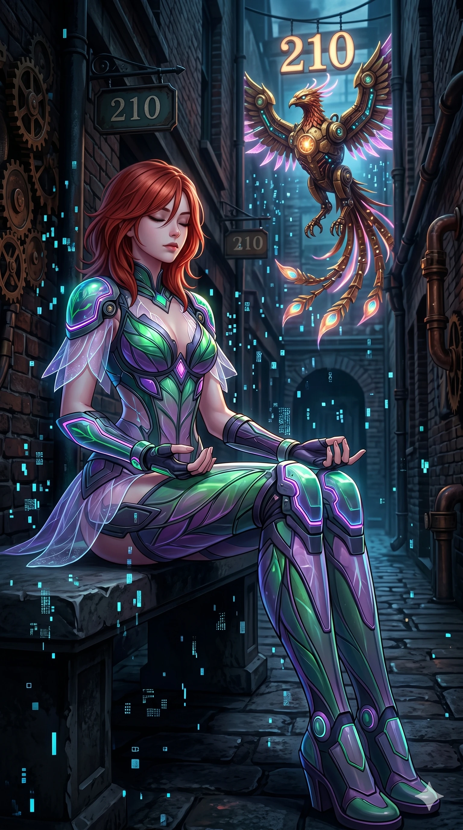 score_9, masterpiece, best quality, ultra-detailed, Set A: High-budget Anime Keyframe, Korean woman. Low angle cowboy shot filling the entire 9:16 frame with her statuesque presence. Theme: Primal Nature. meditating in a steampunk London alleyway, while a mechanical phoenix rises in the background marked 210. The atmosphere is filled with a blizzard of digital pixels. She has an absolutely perfect 8-heads proportion, an exceptionally tall and slender female figure with impossibly long slender legs and an ultra-slim waist. Sharp v-shaped jawline, high-bridge nose, intricate jewel-like eyes with depth, glossy lips. Wearing Bio-luminescent leaf-patterned tech-wear with transparent petal-textured overlays. Cinematic lighting, vivid colors, dramatic shadows, 2k, ultra detail, master piece, 9:16 ratio