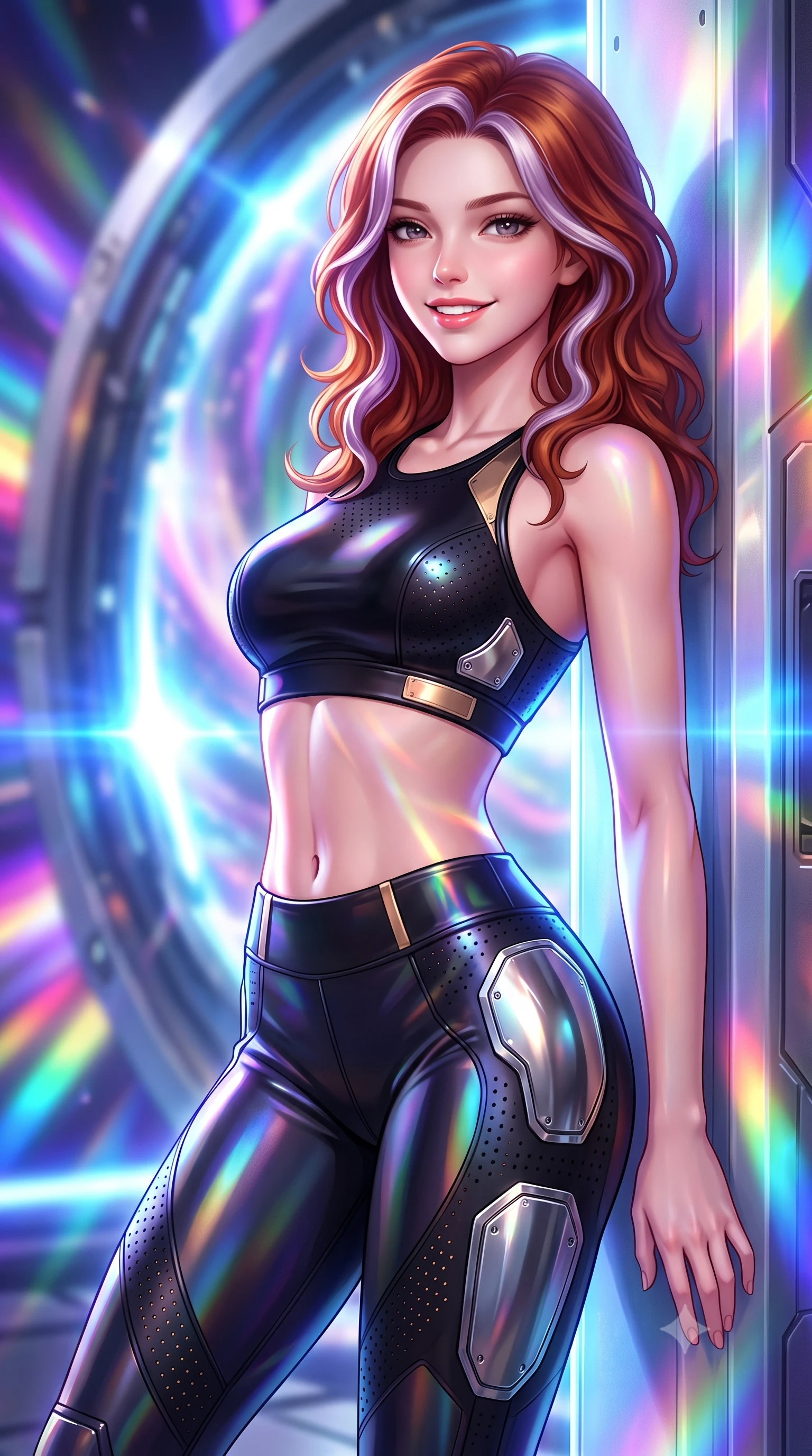 score_9, masterpiece, best quality, ultra-detailed, high-budget anime keyframe, semi-realistic 3D game render, editorial fashion photography, tasteful artistic composition, Caucasian woman. close-up cowboy shot from the waist and thighs up, the character dominates the composition, filling the frame with her large presence. leaning back against the glowing maintenance bulkhead with relaxed seductive grace, her flat midriff and narrow waist highlighted as laser ambient light traces her curves while twisting her slender torso in an alluring contrapposto stance, gravitational lensing rays bending light across her narrow waist and hips. The background shows a soft-focus the colossal spinning warp gate ring and swirling rainbow vortex of folded spacetime blurred into prism, violet, and electric blue bokeh. She has an exceptionally elegant, slender, and willowy female figure with an ultra-slim waist, flat toned midriff, narrow ribcage, and sculpted feminine hips creating an alluring, slim hourglass silhouette without bulk. sharp v-shaped jawline, high-bridge nose, intricate jewel-like sparkling eyes with depth, thick eyelashes, glossy parted lips with a natural sheen, bright confident smile with an enchanting and coquettish sensual glint, exuding both youthful magnetic charm and sovereign high-tech allure, flawlessly proportioned anatomical accuracy, strict slender model proportions, natural body alignment, perfectly sculpted long slender limbs, ultra-slim waistline, clean dynamic posture without body distortion. wearing a tactical racerback athletic crop top paired with skin-tight high-waisted holographic combat leggings in glossy onyx black and warm champagne gold hardware, made of high-grade ballistic nylon with precision laser-cut perforations, accented with strategically placed chrome armor plate guards covering key curves, the form-contouring cut accentuating her sculpted flat midriff, narrow delicate ribcage, and gracefully curvy hips with cybernetic supermodel precision. bathed in radiant chromatic prism light and intense electric blue warp ring flashes. highly saturated vibrant anime colors, detailed shading with soft gradients, rich glossy textures, high-contrast stereoscopic depth, volumetric dynamic lighting, master piece, 9:16 ratio