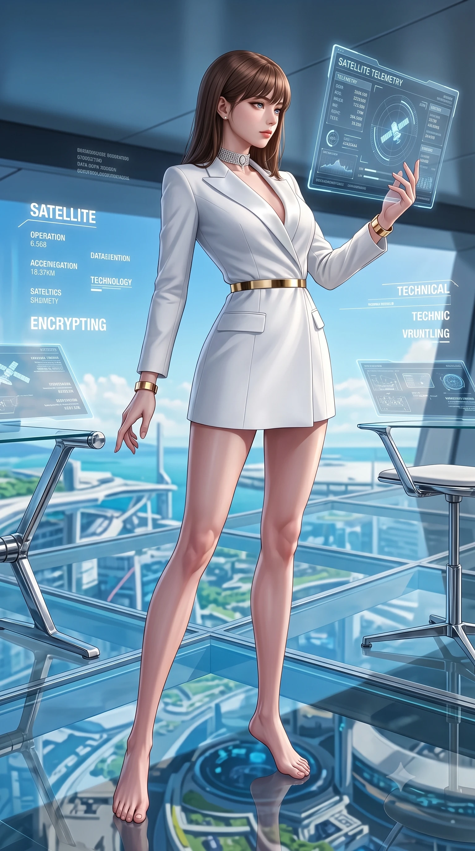score_9, masterpiece, best quality, ultra-detailed, high-budget anime keyframe, semi-realistic 3D game render, editorial fashion photography, tasteful artistic composition, Korean woman. low angle full-body shot from head to toe showing her feet, filling the entire 9:16 vertical frame with her statuesque presence, stretching her vertical silhouette. pivoting dynamically with supreme athletic balance and poise, her impossibly long slender legs creating a breathtaking line while arching her spine in a fluid stretch while reviewing encrypted satellite telemetry data with a calm, intellectual expression. The surrounding environment is rendered in vivid detail and crisp panoramic clarity. crystal-clear transparent glass floor panels, glowing holographic typography, and chrome furniture joints in deep focus. She has an absolutely perfect, statuesque 8.5-heads proportion, an exceptionally tall and slender model-like female figure with impossibly long slender legs, a toned flat midriff, and an ultra-slim waist. sharp v-shaped jawline, high-bridge nose, intricate jewel-like eyes with depth, thick eyelashes, glossy lips with a natural sheen, captivating and magnetic expression, flawlessly proportioned anatomical accuracy, strict slender model proportions, natural body alignment, perfectly sculpted long slender limbs, ultra-slim waistline, clean dynamic posture without body distortion. wearing a chic tailored white tuxedo jacket dress with satin lapels and an ultra-slim waist-cinching gold belt in pristine royal white and brushed gold, made of structured fine wool crepe and liquid silk satin, accessorized with a bold diamond choker and minimalist gold cuffs, the liquid-tight tailored fabric emphasizing every curve of her tall, slender model proportions and sculptured silhouette during dynamic movement. illuminated by crisp directional key light defining her razor-sharp jawline, eyes, and slender curves. highly saturated vibrant anime colors, detailed shading with soft gradients, rich glossy textures, high-contrast stereoscopic depth, volumetric dynamic lighting, master piece, 9:16 ratio