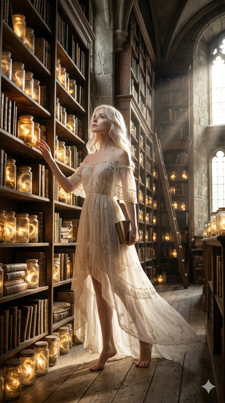 score_9, masterpiece, best quality, ultra-detailed, photorealistic 8k CG render, an incredibly beautiful ethereal Caucasian woman with flawless pale skin (strictly human ears). Dynamic full-body shot stretching vertically. She is a librarian of lost voices, surrounded by glowing jars. She has an absolutely perfect 8-heads proportion, a towering female figure with long slender legs and a delicate skinny body. Her face is a masterpiece with platinum blonde hair and sapphire eyes. She is wearing an off-shoulder sheer fabric dress, highlighting her alluring silhouette. Dusty library with beams of sunlight, dramatic rim lighting, radiant glowing skin, 2k, ultra detail, master piece, 9:16 ratio