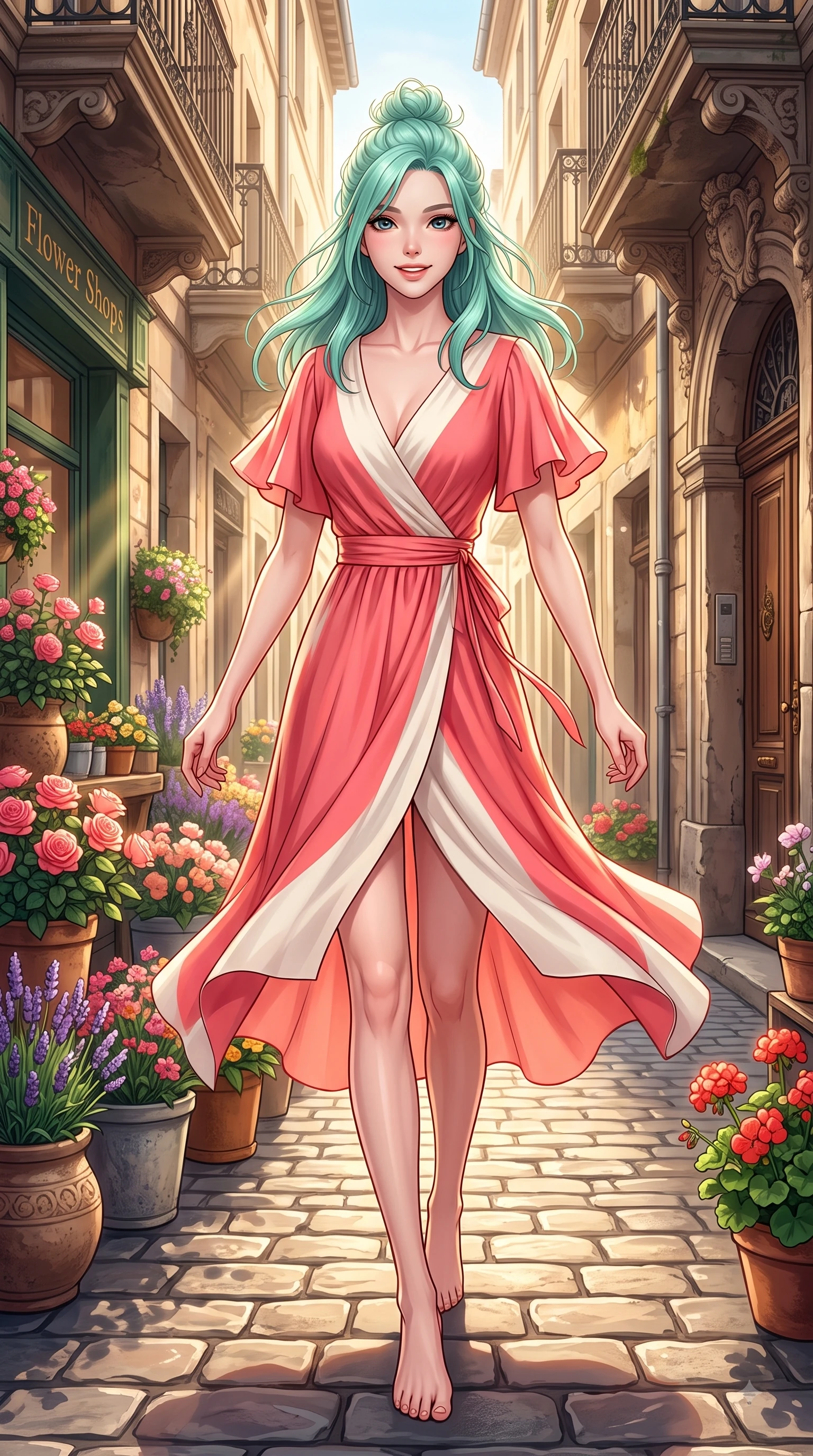 score_9, masterpiece, best quality, ultra-detailed, high-budget anime keyframe, editorial fashion photography, tasteful artistic composition, Japanese woman. low angle full-body shot from head to toe showing her feet, filling the entire 9:16 vertical frame with her statuesque presence, stretching her vertical silhouette. stepping forward gracefully in mid-motion with a delighted cute expression, displaying her statuesque model proportions while walking dynamically down a sun-drenched European cobblestone alley lined with flower shops. The surrounding environment is rendered in vivid detail and crisp panoramic clarity. intricate stone carvings, historic building facades, and cobblestone path textures in deep focus. She has an absolutely perfect, statuesque 8.5-heads proportion, an exceptionally tall and slender model-like female figure with impossibly long slender legs and an ultra-slim waist. sharp v-shaped jawline, high-bridge nose, intricate jewel-like eyes with depth, thick eyelashes, glossy lips with a natural sheen, flawlessly proportioned anatomical accuracy, natural body alignment, perfectly sculpted elegant limbs, clean dynamic posture without body distortion. wearing an elegant V-neck silk wrap dress with fluttery short sleeves and a cinched waist in vibrant coral pink and pure ivory, tailored from fine wool crepe with clean lines, finished with delicate criss-cross back straps highlighting her bare shoulders, the elegant draped fit framing her graceful clavicle and slender torso. surrounded by a romantic, timeless, and scenic European street ambiance. highly saturated vibrant anime colors, detailed shading with soft gradients, rich glossy textures, high-contrast stereoscopic depth, volumetric dynamic lighting, master piece, 9:16 ratio