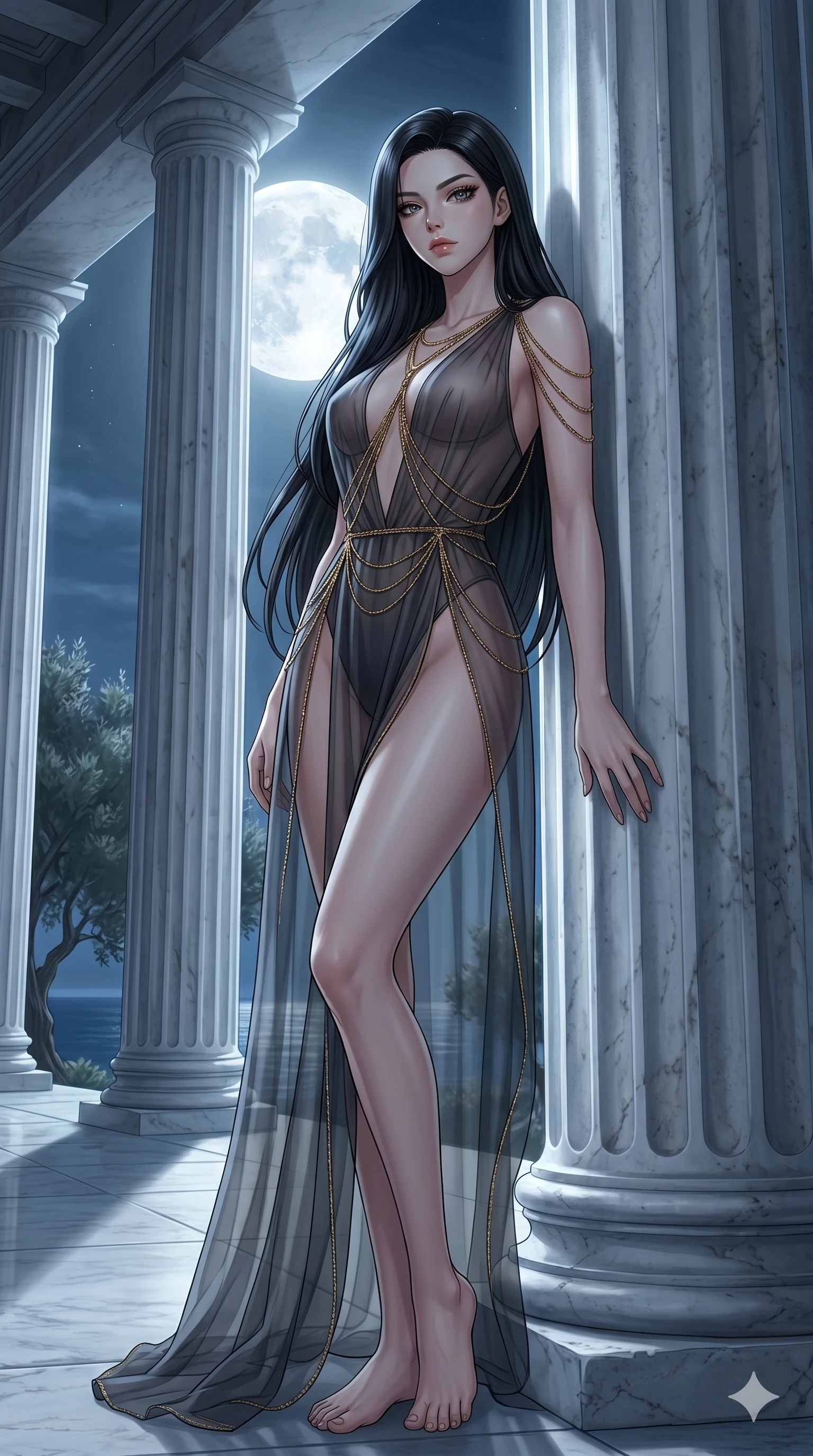 score_9, masterpiece, best quality, ultra-detailed, High-budget Anime Keyframe, East Asian woman. Low angle cowboy shot filling the entire 9:16 frame with her statuesque presence. Scenario 73: Leaning against a cold marble pillar in a moonlit greek temple. Her presence is magnetic and overpowering in this high-budget anime scene. Outfit 73: A sheer organza liquid with a high-cut leg line and fine gold chains. The clothing is designed to emphasize her exceptionally tall and slender 8-heads proportion. 8-heads proportion, towering silhouette, ultra-slim waist. sharp v-shaped jawline, intricate jewel-like eyes with depth, thick eyelashes, glossy lips. 2k, ultra detail, master piece, 9:16 ratio