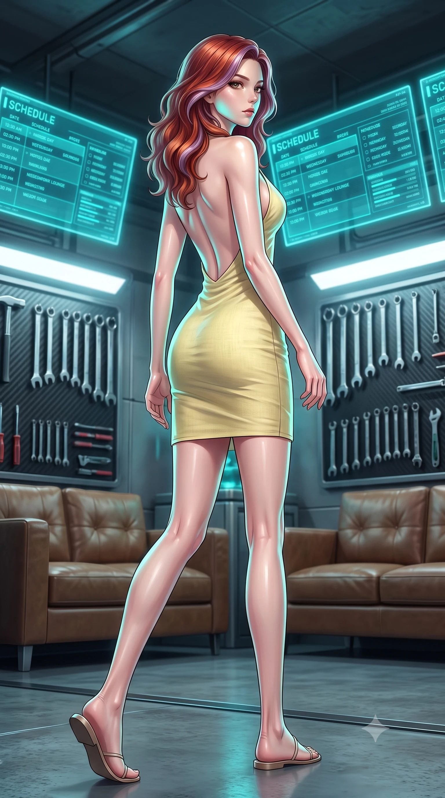 score_9, masterpiece, best quality, ultra-detailed, high-budget anime keyframe, editorial fashion photography, tasteful artistic composition, Caucasian woman. low angle full-body shot from head to toe showing her feet, filling the entire 9:16 vertical frame with her statuesque presence, stretching her vertical silhouette. stepping gracefully while looking back over her shoulder, her dress draped tightly to reveal her silhouette the background shows a soft-focus a cyber-garage lounge with leather sofas, carbon tools, and glowing schedules. She has an absolutely perfect, statuesque 8.5-heads proportion, an exceptionally tall and slender model-like female figure with impossibly long slender legs and an ultra-slim waist. sharp v-shaped jawline, high-bridge nose, intricate jewel-like eyes with depth, thick eyelashes, glossy lips with a natural sheen. wearing a slim-fit backless summer sundress in pale yellow linen, showing her elegant shoulder blades. soft cyan glow radiating from the screens onto her sharp jawline. ultra-reflective glossy finish, specular highlights, metallic sheen, high-contrast stereoscopic depth, volumetric dynamic lighting, 2k, ultra detail, master piece, 9:16 ratio
