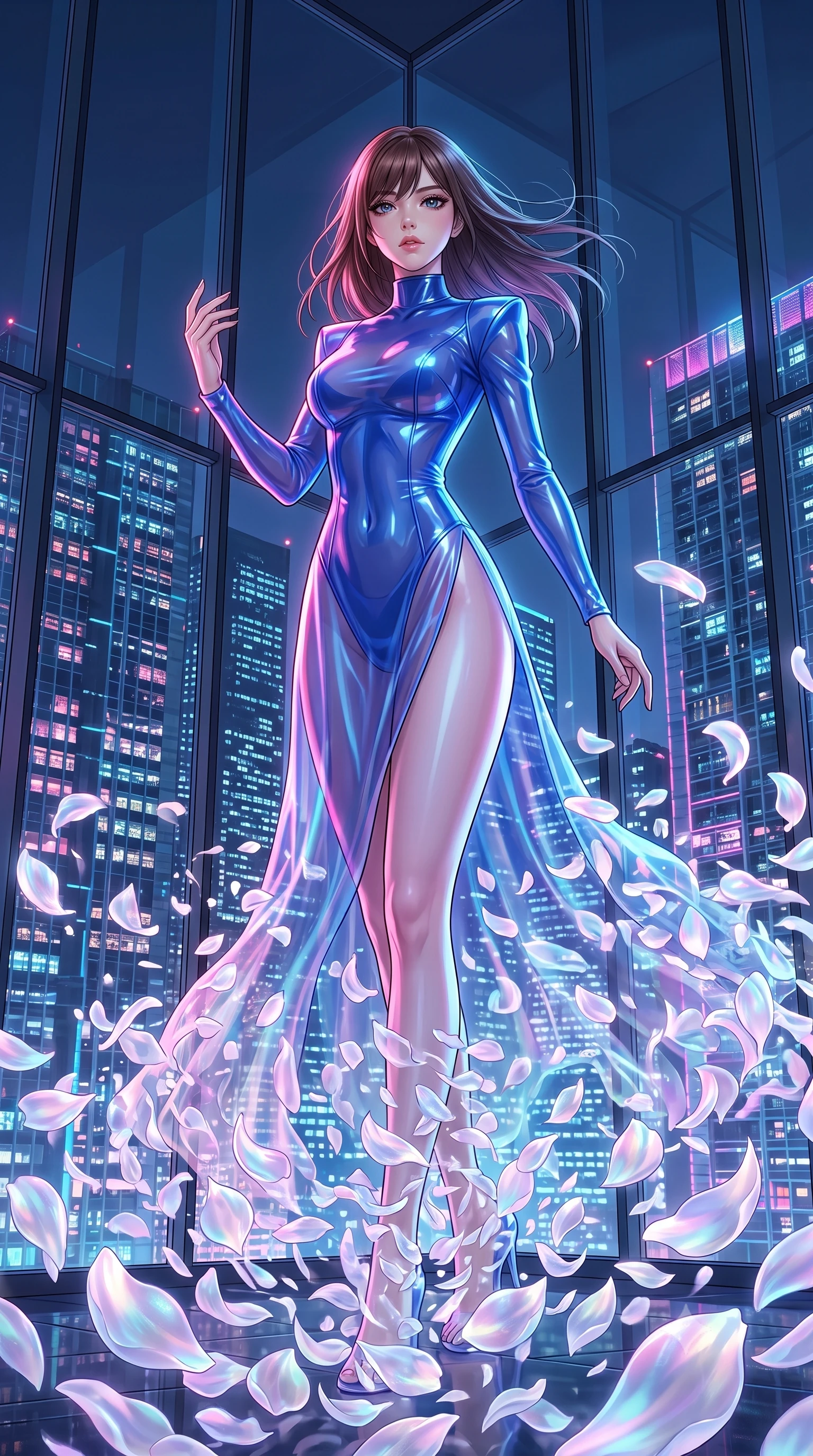 score_9, masterpiece, best quality, ultra-detailed, High-budget Anime Keyframe, East Asian woman. Dynamic full-body shot stretching the vertical silhouette to the limit. Scenario 422: dissolving into a cloud of iridescent silk petals inside a luxury penthouse with floor-to-ceiling glass walls overlooking a neon grid. Her presence is magnetic and overpowering in this high-budget anime scene. Outfit 422: a body-hugging cobalt blue translucent PVC catsuit featuring a high-slit skirt and structured shoulders. The clothing is designed to emphasize her exceptionally tall and slender 8-heads proportion. 8-heads proportion, towering silhouette, ultra-slim waist. sharp v-shaped jawline, intricate jewel-like eyes with depth, thick eyelashes, glossy lips. 2k, ultra detail, master piece, 9:16 ratio