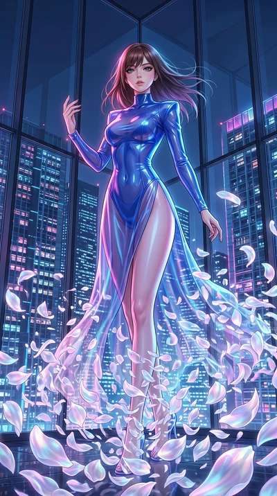 score_9, masterpiece, best quality, ultra-detailed, High-budget Anime Keyframe, East Asian woman. Dynamic full-body shot stretching the vertical silhouette to the limit. Scenario 422: dissolving into a cloud of iridescent silk petals inside a luxury 