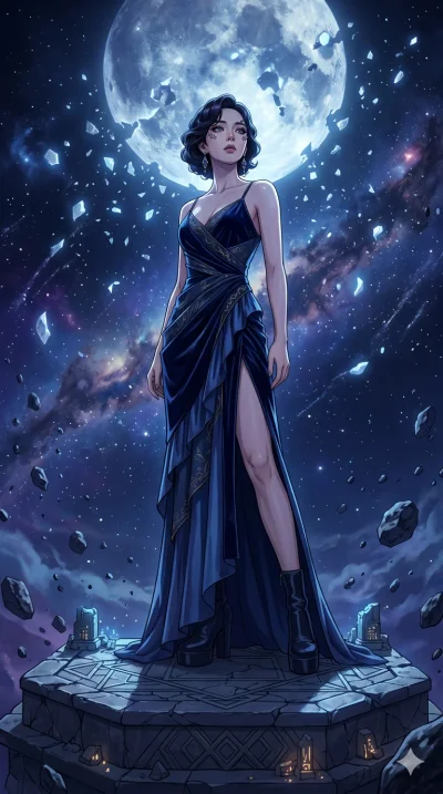 score_9, masterpiece, best quality, ultra-detailed, High-budget Anime Keyframe, beautiful Korean anime girl. Low angle cowboy shot filling the entire 9:16 frame with her statuesque presence. Standing on an altar under a shattered moon that has broken