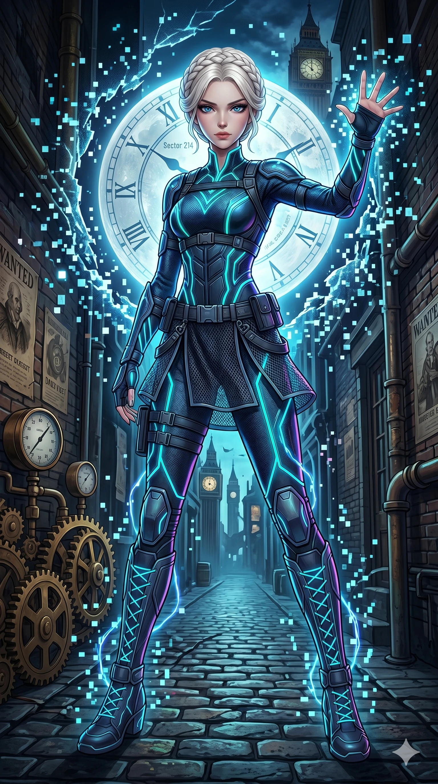 score_9, masterpiece, best quality, ultra-detailed, Set A: High-budget Anime Keyframe, Caucasian (human ears) woman. Low angle cowboy shot filling the entire 9:16 frame with her statuesque presence. Theme: Primal Nature. shattering the fabric of reality in a steampunk London alleyway, with a massive clockwork moon ticking behind her as sector 214. The atmosphere is filled with a blizzard of digital pixels. She has an absolutely perfect 8-heads proportion, an exceptionally tall and slender female figure with impossibly long slender legs and an ultra-slim waist. Sharp v-shaped jawline, high-bridge nose, intricate jewel-like eyes with depth, glossy lips. Wearing Modernized ninja gear with glowing neon-veined fabric and a short mesh skirt. Cinematic lighting, vivid colors, dramatic shadows, 2k, ultra detail, master piece, 9:16 ratio